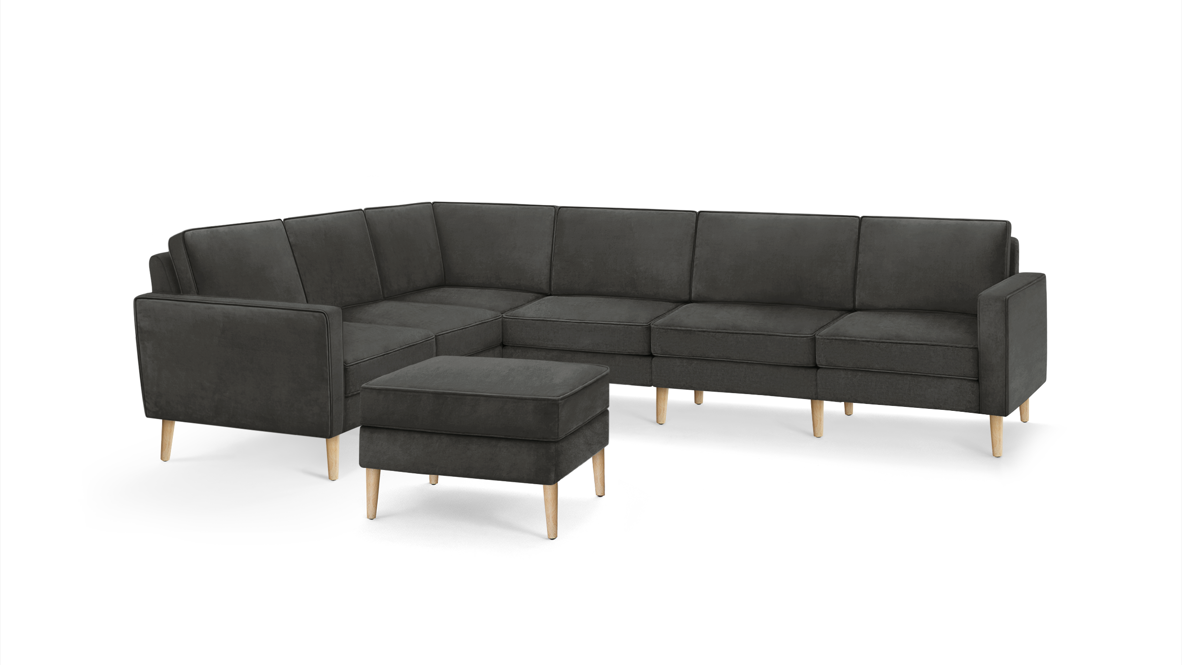 modern dark gray sectional sofa with wooden legs and matching ottoman, featuring clean lines and clean lines on the back