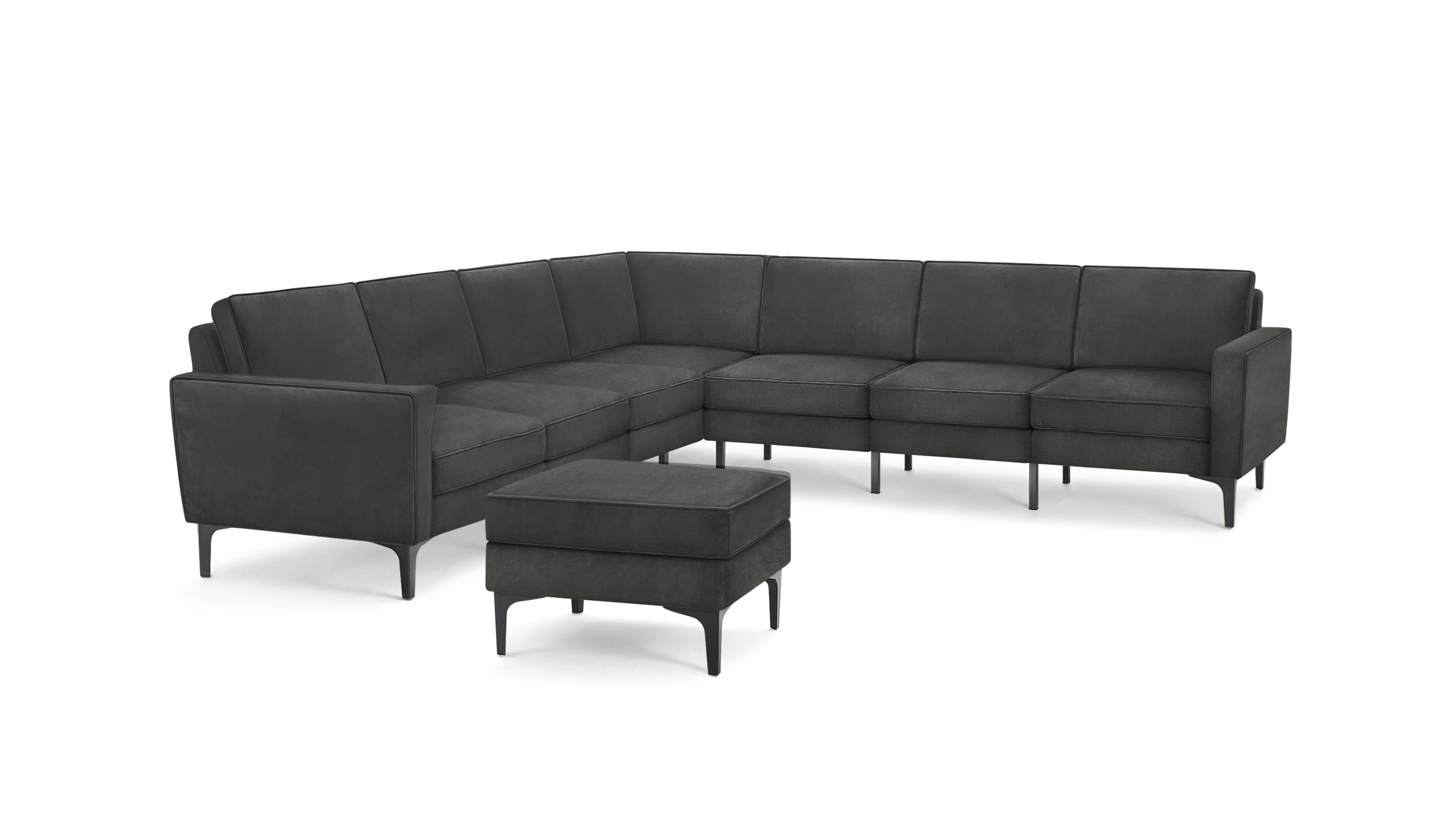 modern dark gray sectional sofa with tufted back cushions and matching ottoman, featuring sleek lines and sleek lines