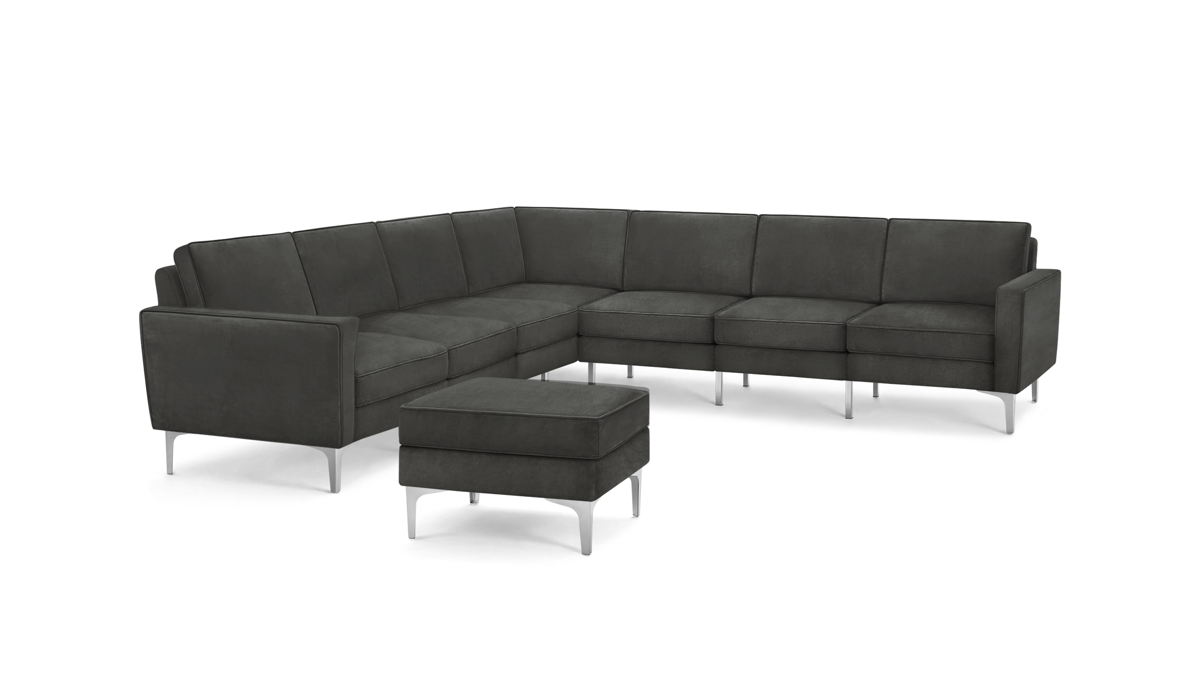 modern dark gray sectional sofa with tufted back cushions and matching ottoman, featuring sleek lines and sleek lines