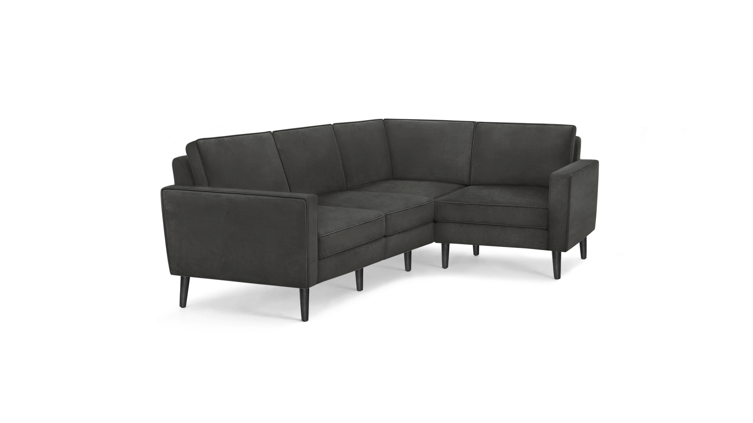 modern l - shaped sectional sofa with black fabric upholstery, featuring tapered armrests, and black metal legs, featuring a