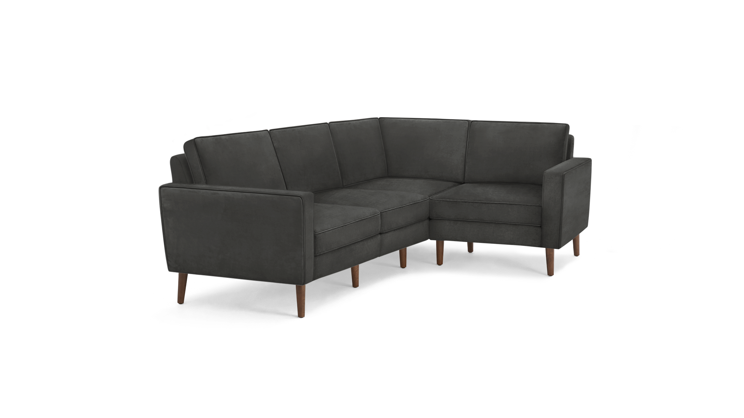 modern l - shaped sectional sofa with dark gray fabric upholstery, tapered legs, and a sleek design, featuring a clean, minimalist design