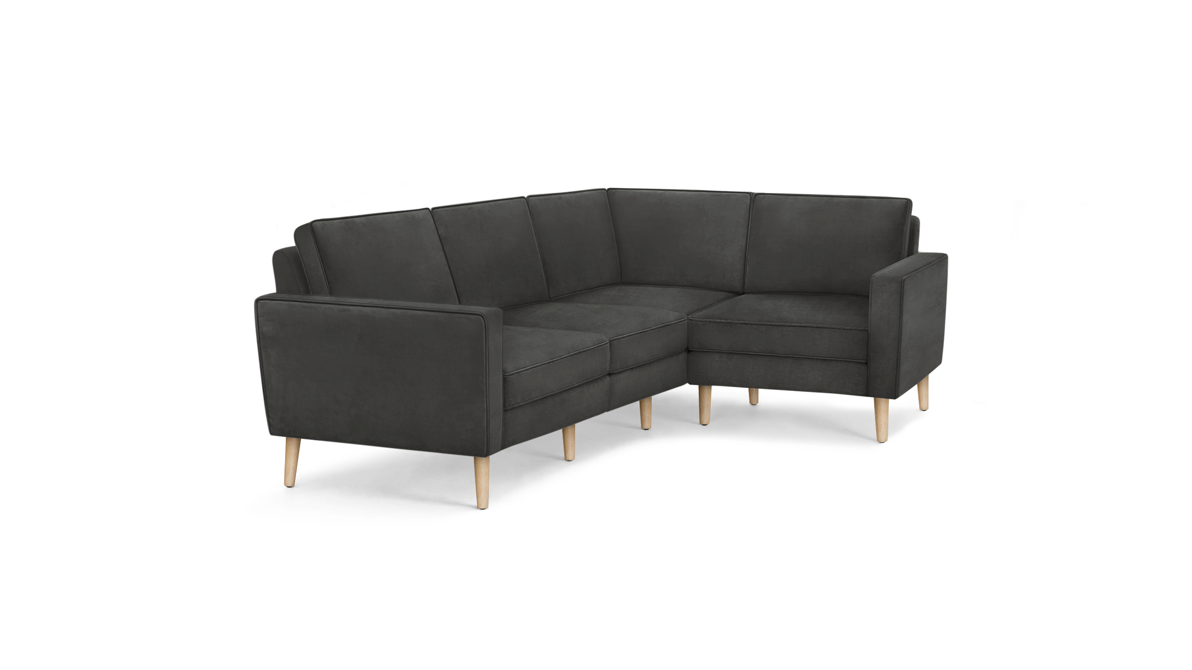 modern l - shaped sectional sofa with dark gray fabric upholstery, tapered legs, and a clean, minimalist design