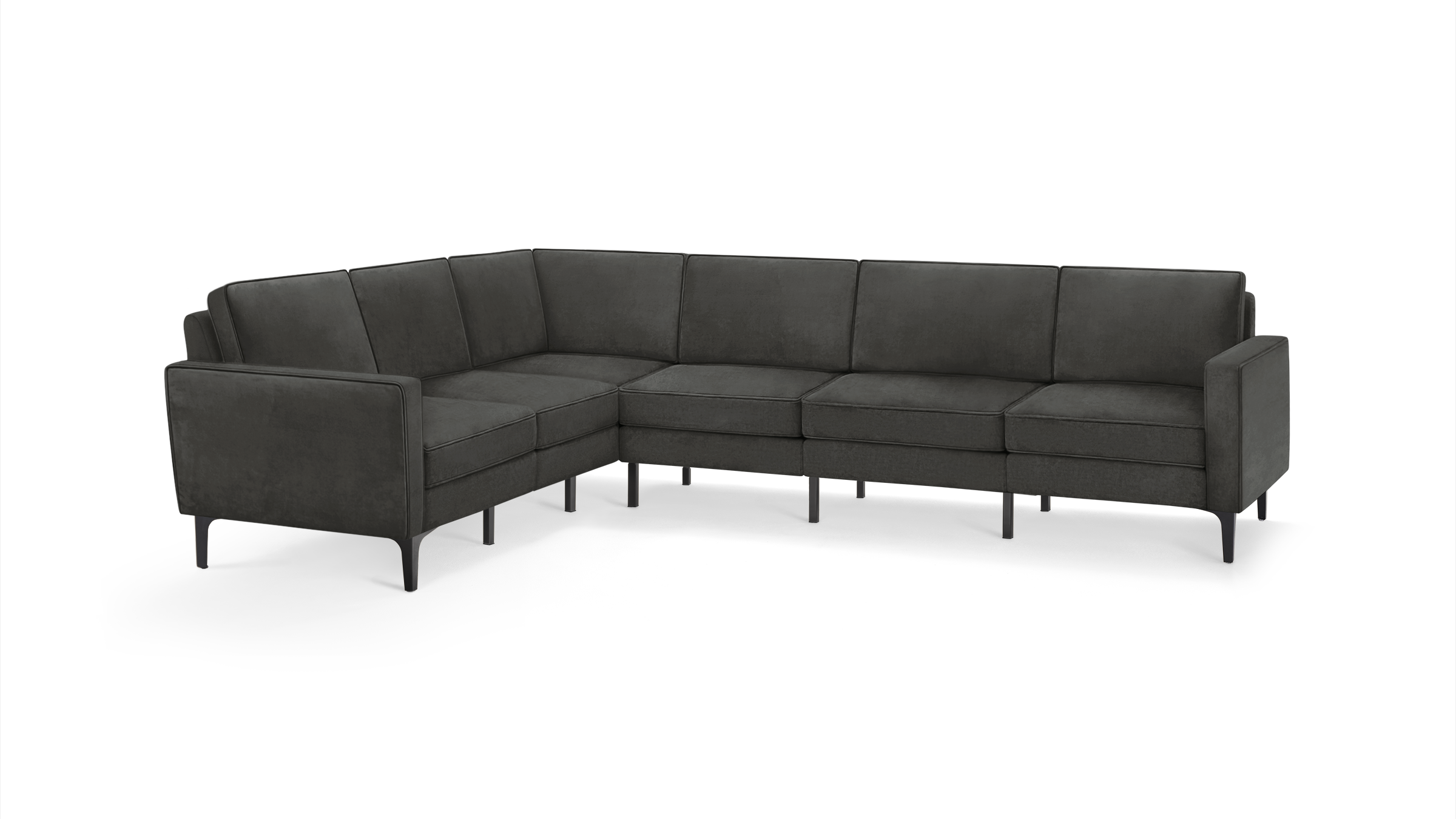 modern l - shaped sectional sofa with dark gray fabric upholstery, tapered legs, and a sleek design