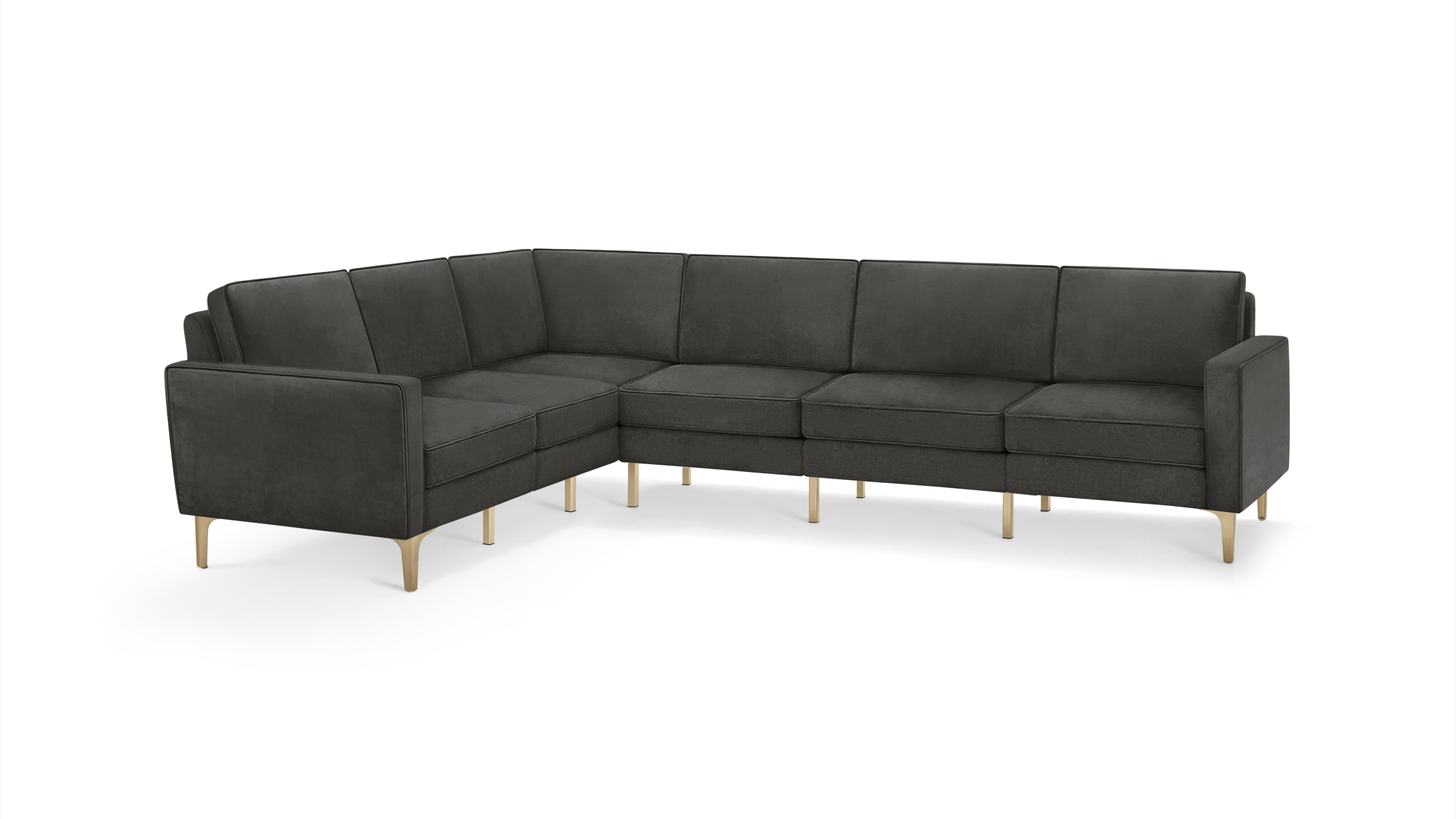 modern l - shaped sectional sofa with dark gray fabric upholstery, tapered legs, and a clean, modern design