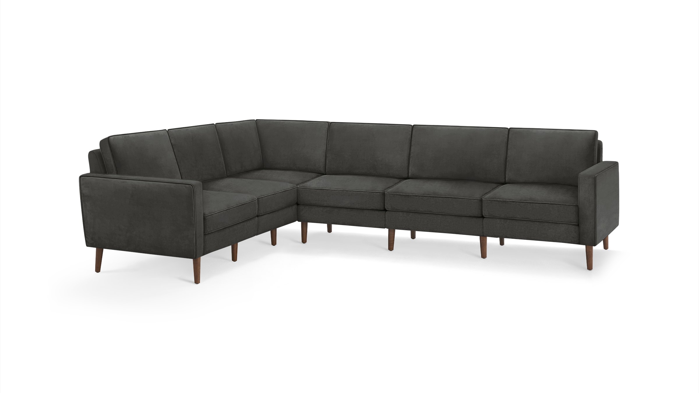modern l - shaped sectional sofa with dark gray fabric upholstery, tapered legs, and a clean, modern design