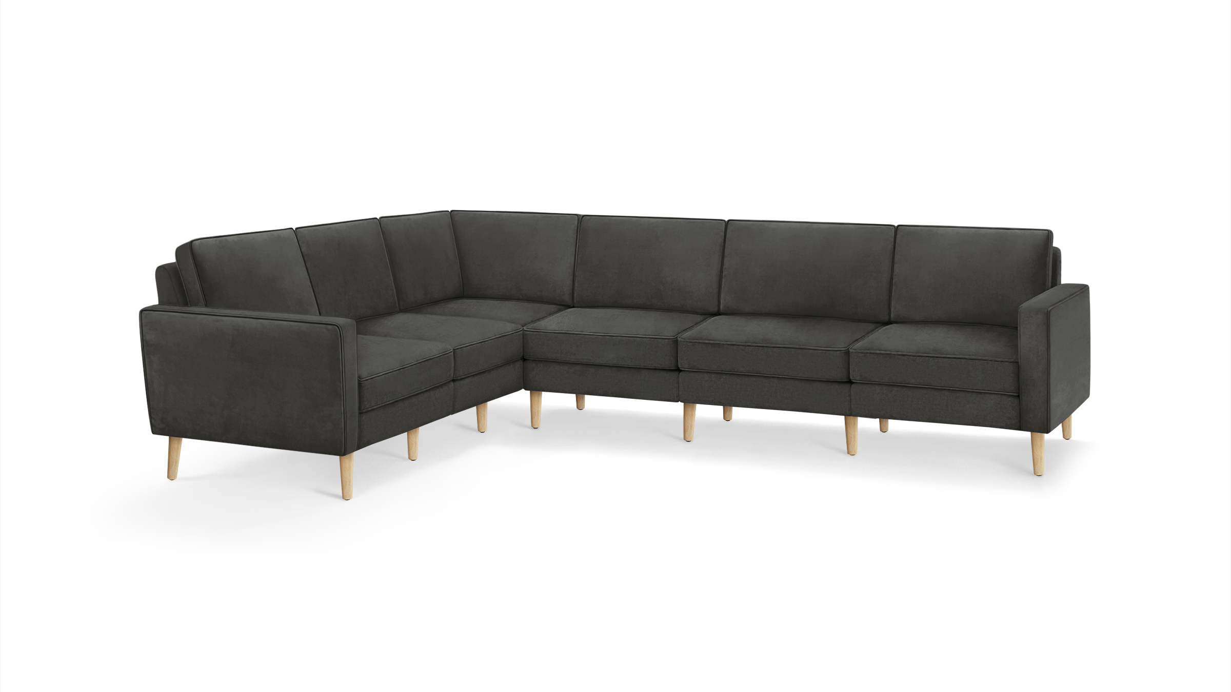 modern l - shaped sectional sofa with dark gray fabric upholstery, tapered legs, and a clean, modern design