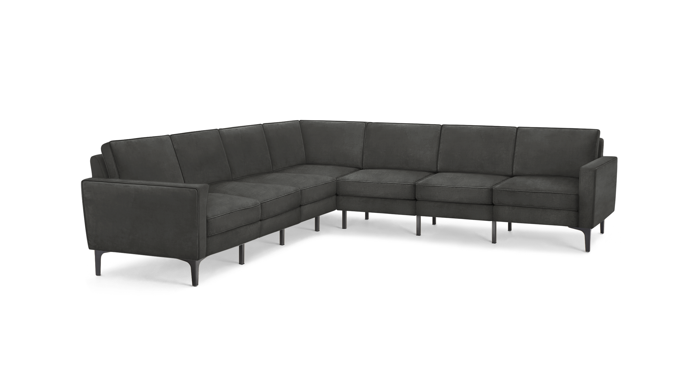 dark gray l - shaped sectional sofa with tufted back cushions and black tapered legs, featuring a clean, modern design