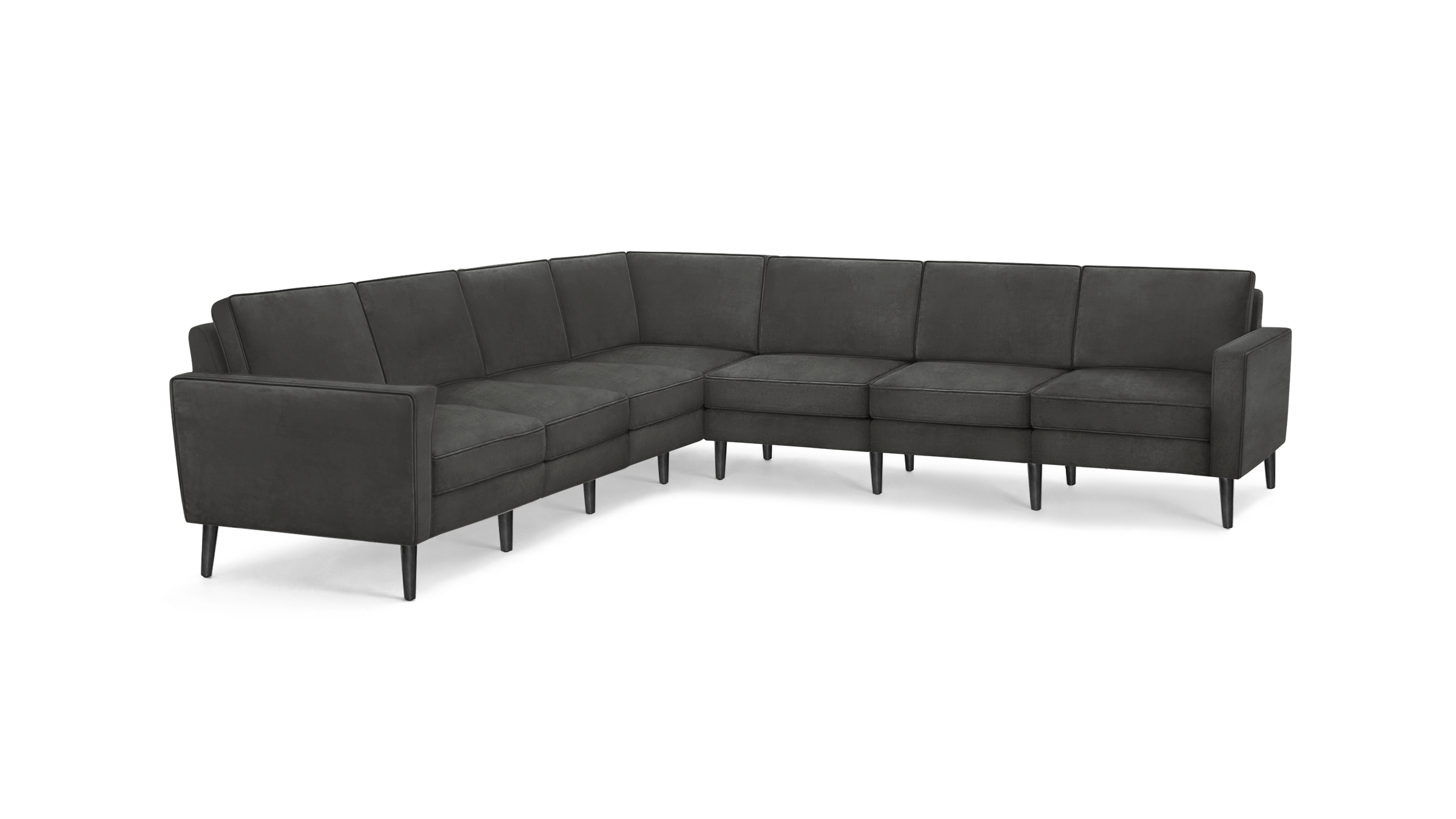 modern dark gray l - shaped sectional sofa with tufted back cushions and black metal legs, featuring a clean, minimalist design