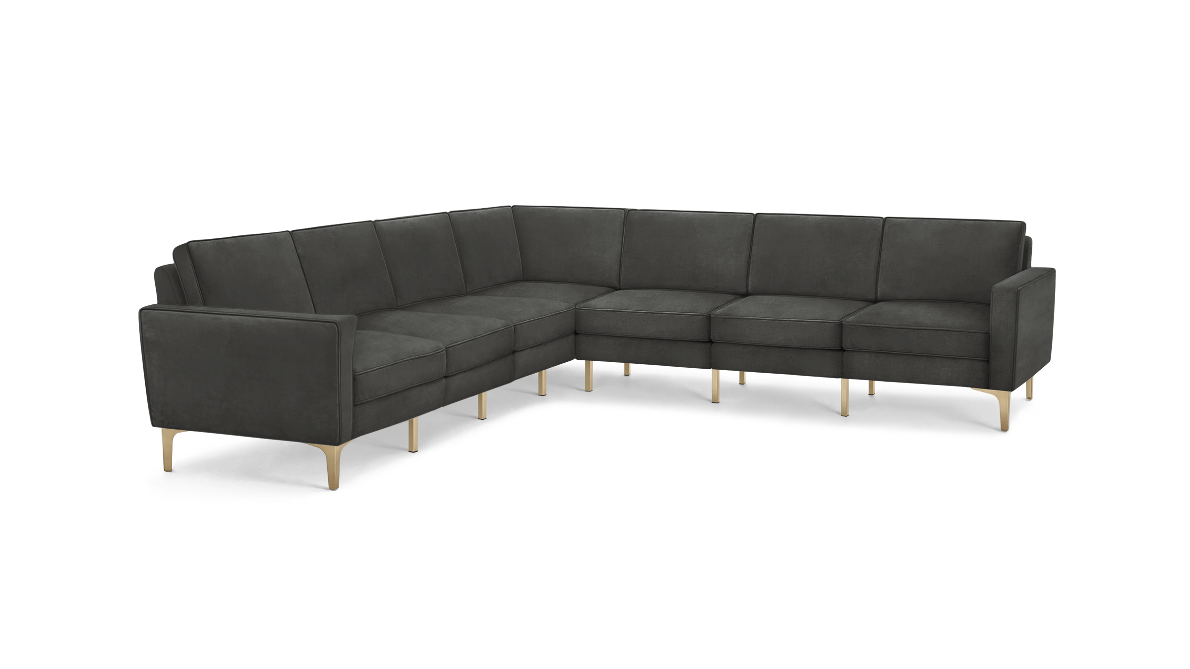 modern l - shaped sectional sofa with dark gray fabric upholstery, tapered legs, and a clean, modern design