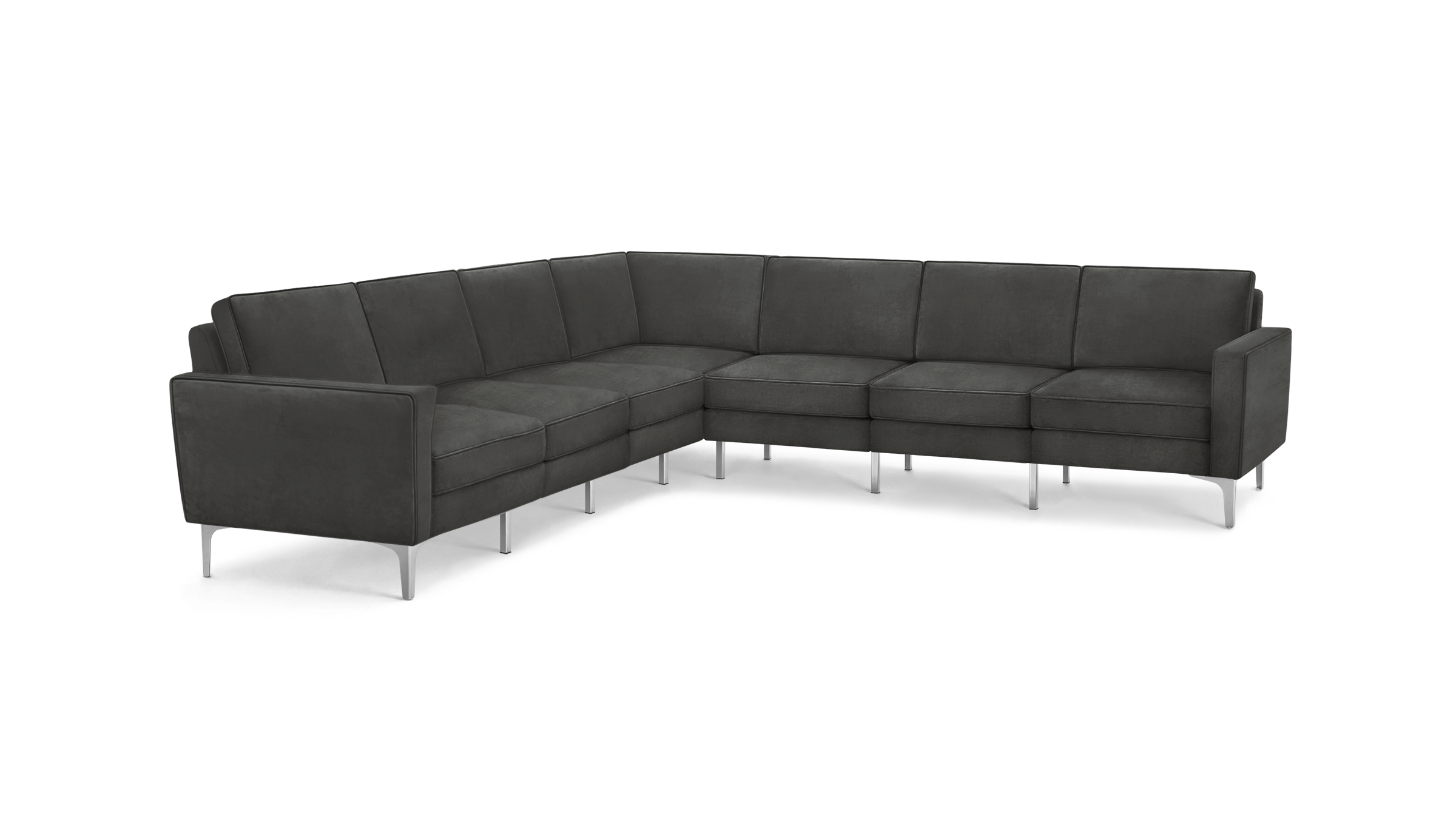 modern l - shaped sectional sofa with dark gray fabric upholstery, featuring tapered armrests, and a clean, minimalist