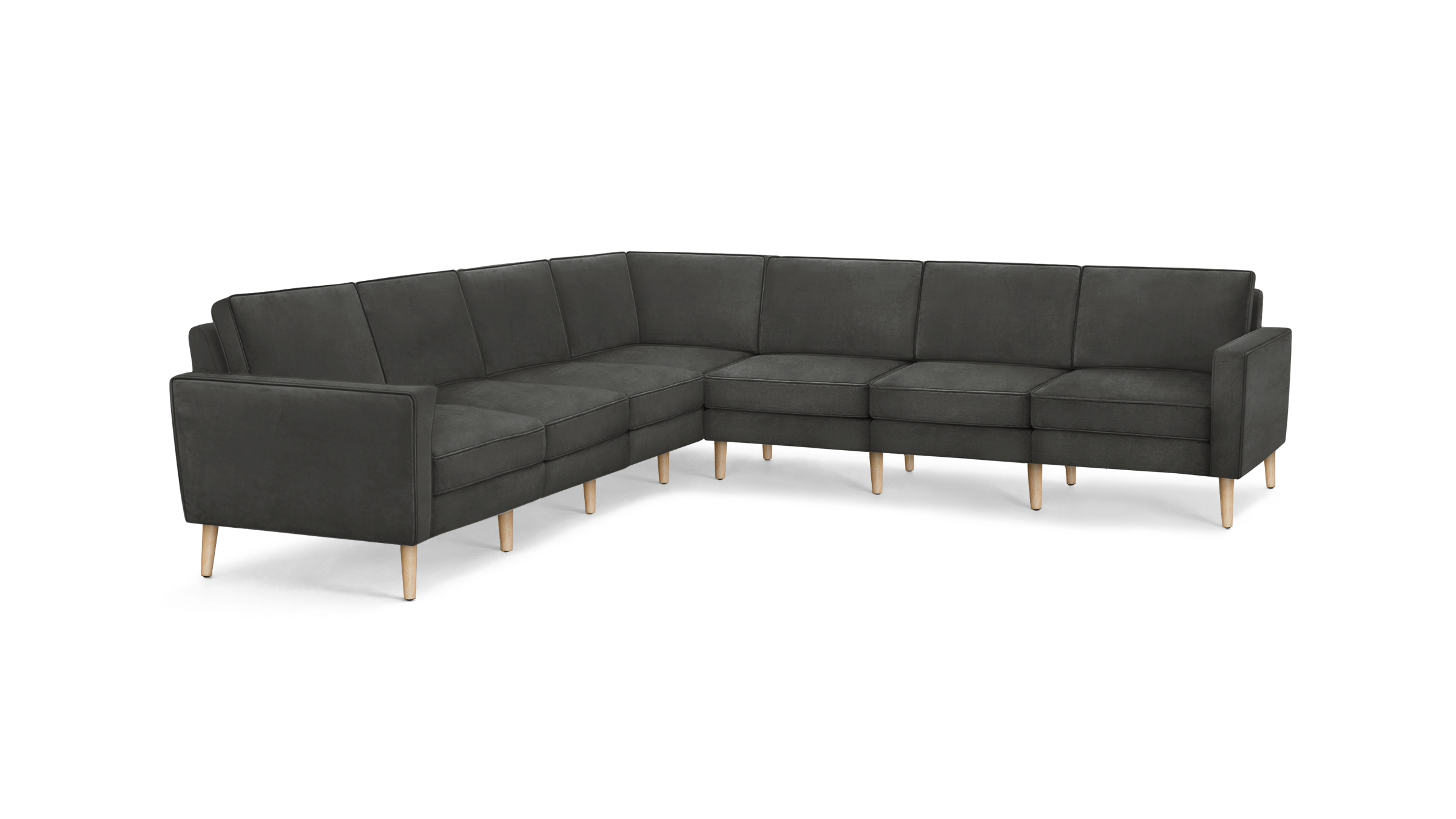 dark gray l - shaped sectional sofa with wooden legs and clean lines on the back, featuring clean lines and clean lines on the front and back