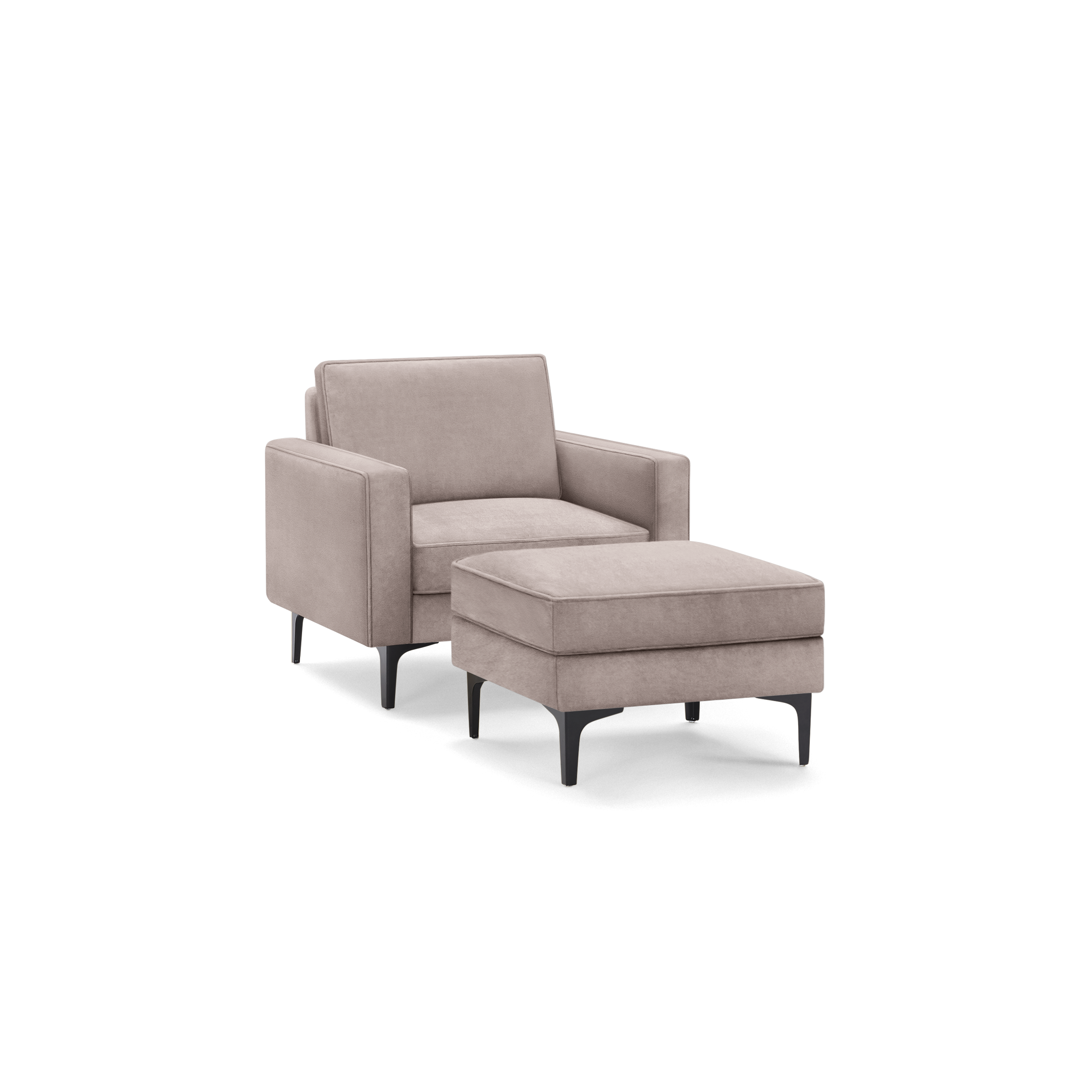 modern beige upholstered armchair with matching ottoman, featuring tapered legs and a sleek backrest