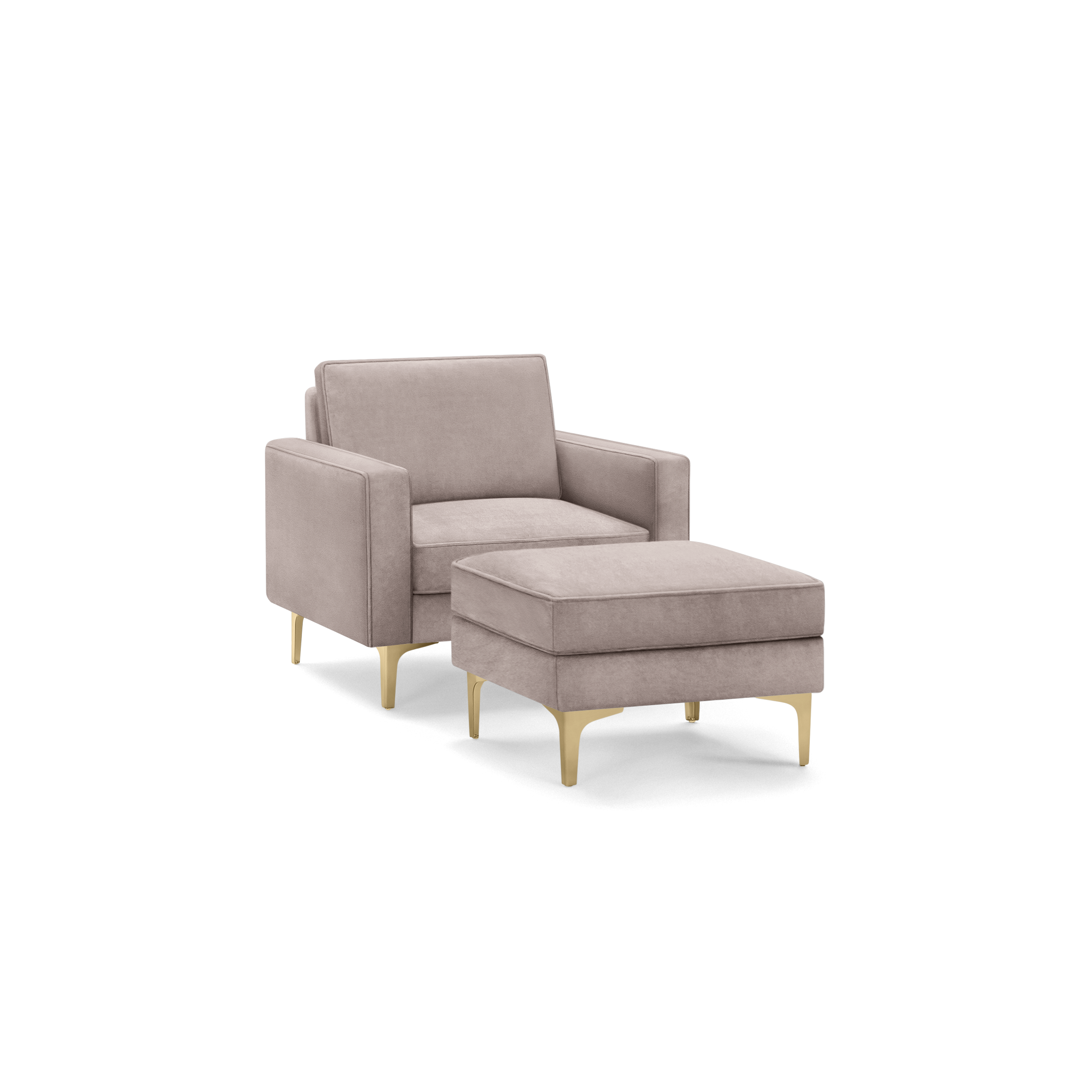 modern light pink upholstered armchair with matching ottoman, featuring tapered legs and a sleek, minimalist design