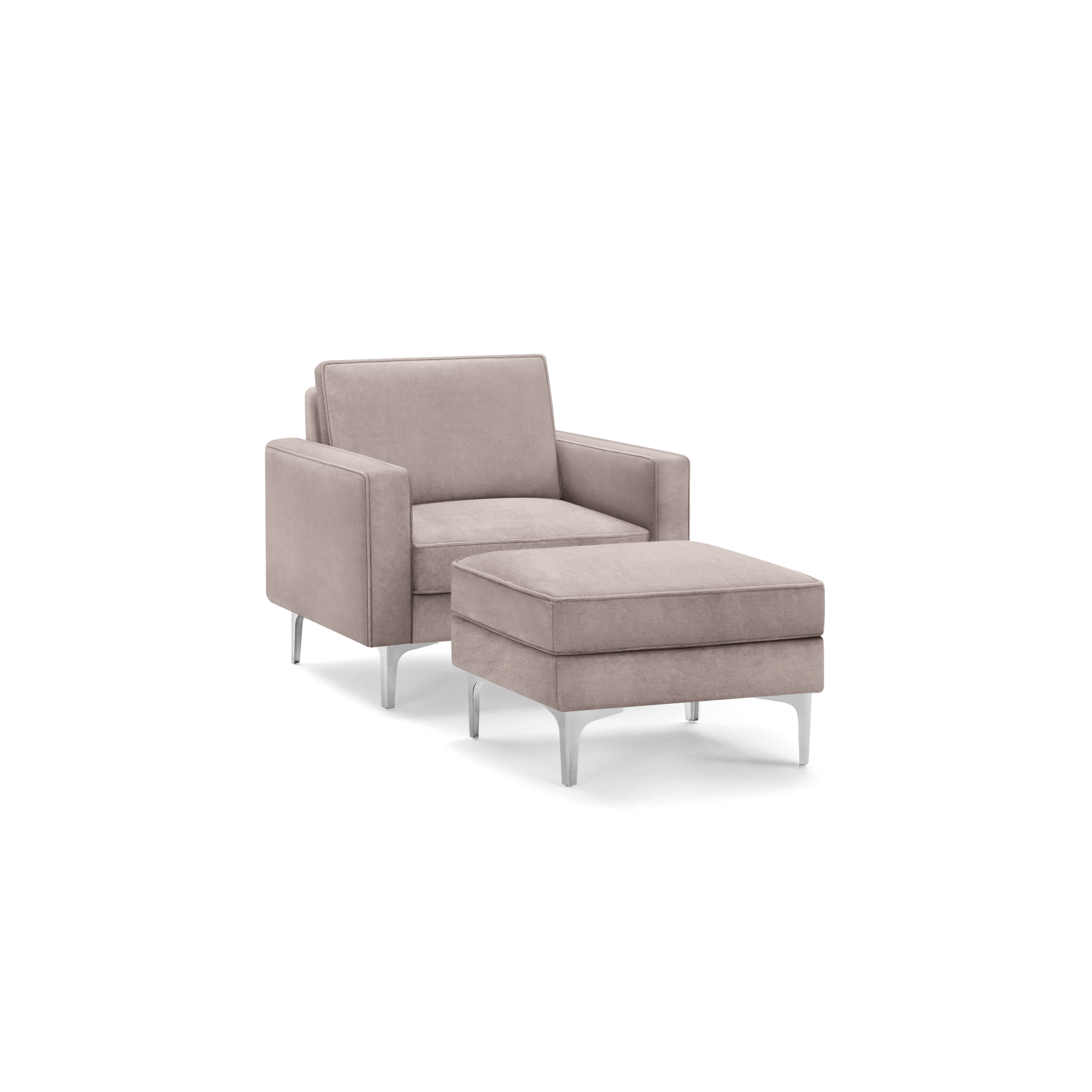Modern blush pink velvet armchair with matching ottoman, featuring sleek silver metal legs and clean, boxy design.