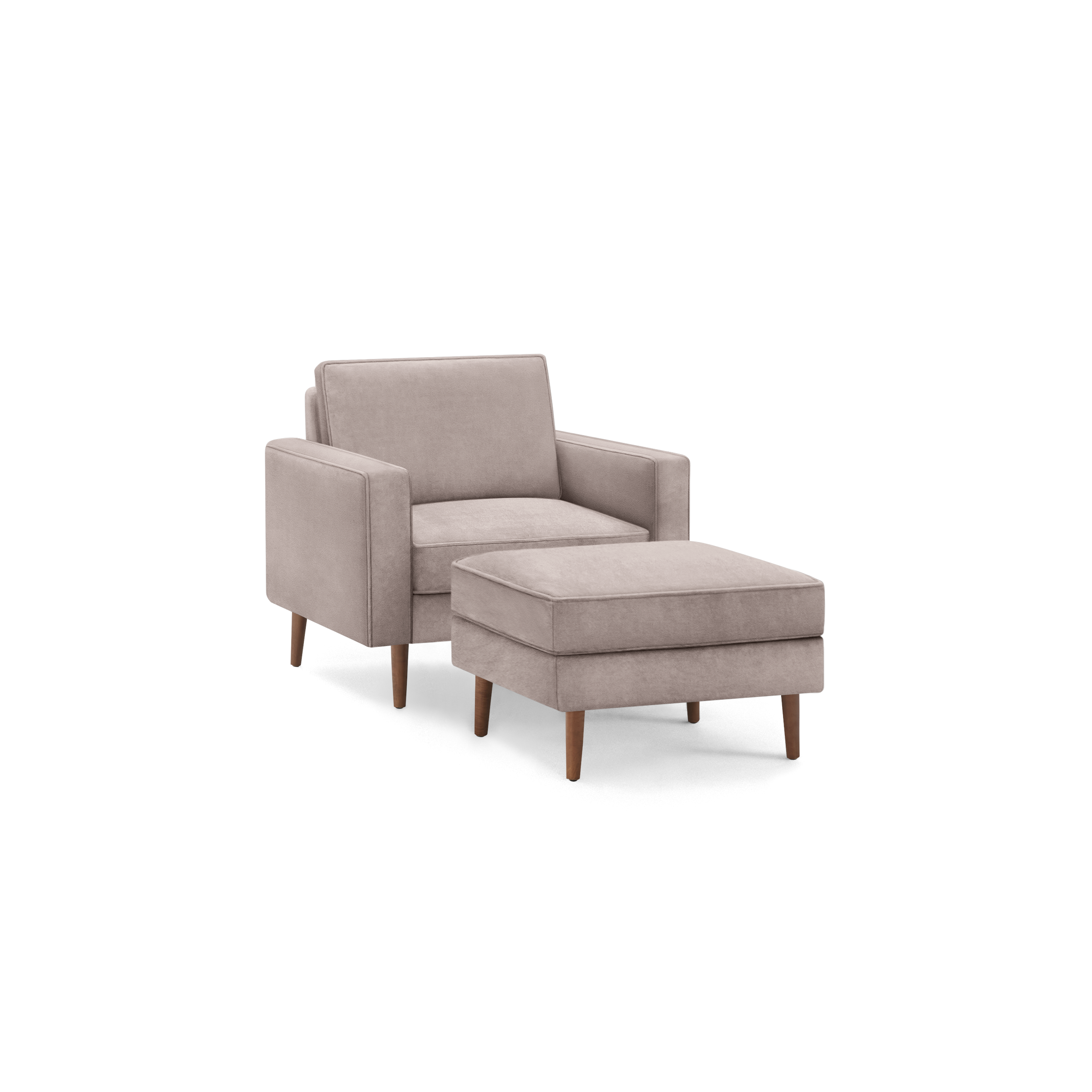 Light mauve modern armchair with a matching cushioned ottoman, both featuring wooden tapered legs.
