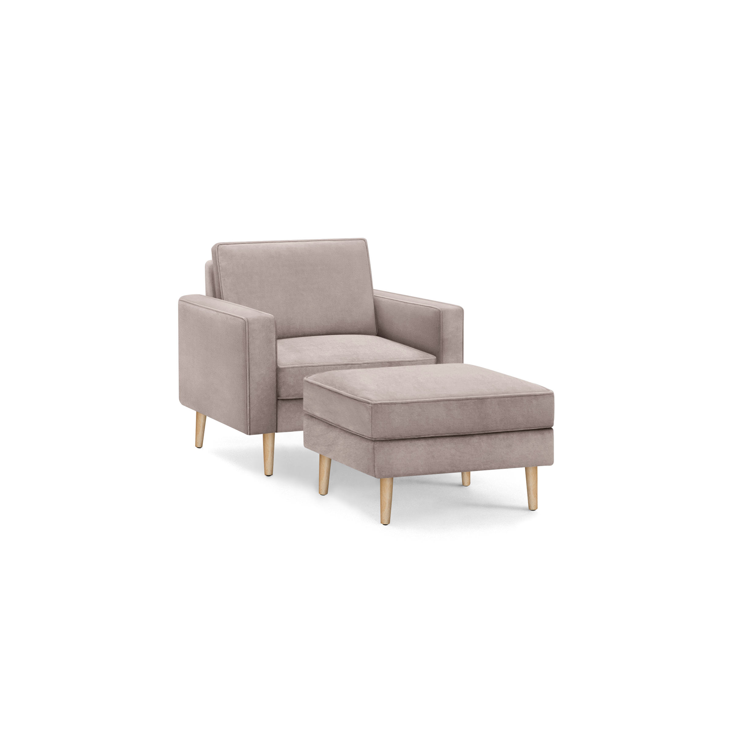 modern light pink upholstered armchair with matching ottoman, featuring tapered wooden legs and a sleek backrest