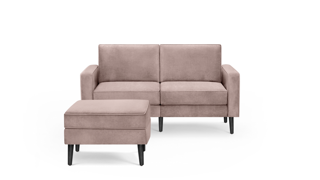 modern beige velvet sofa with matching ottoman and matching ottoman, featuring sleek black legs and sleek backrests