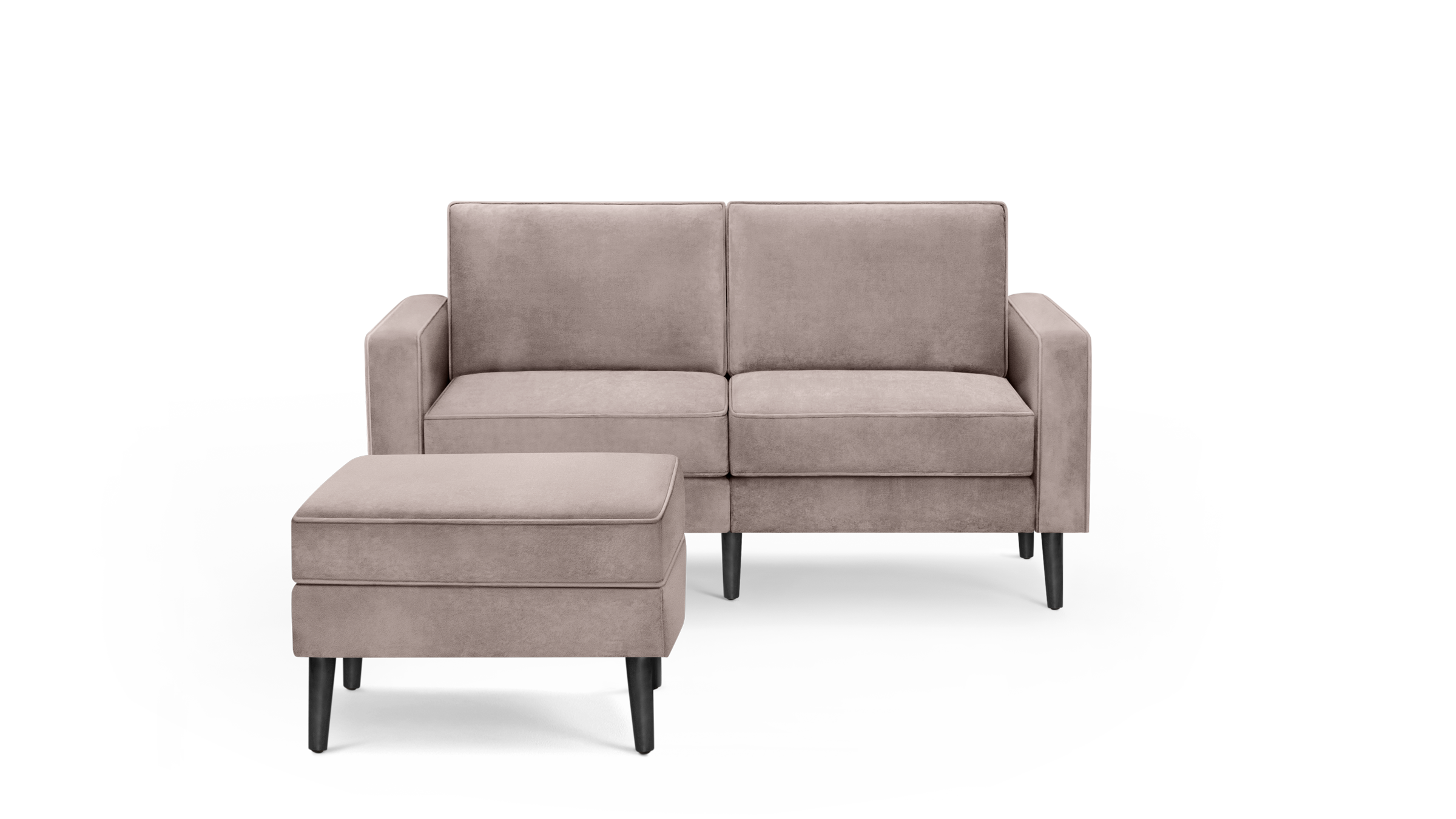 modern beige velvet sofa with matching ottoman and matching ottoman, featuring sleek black legs and sleek backrests