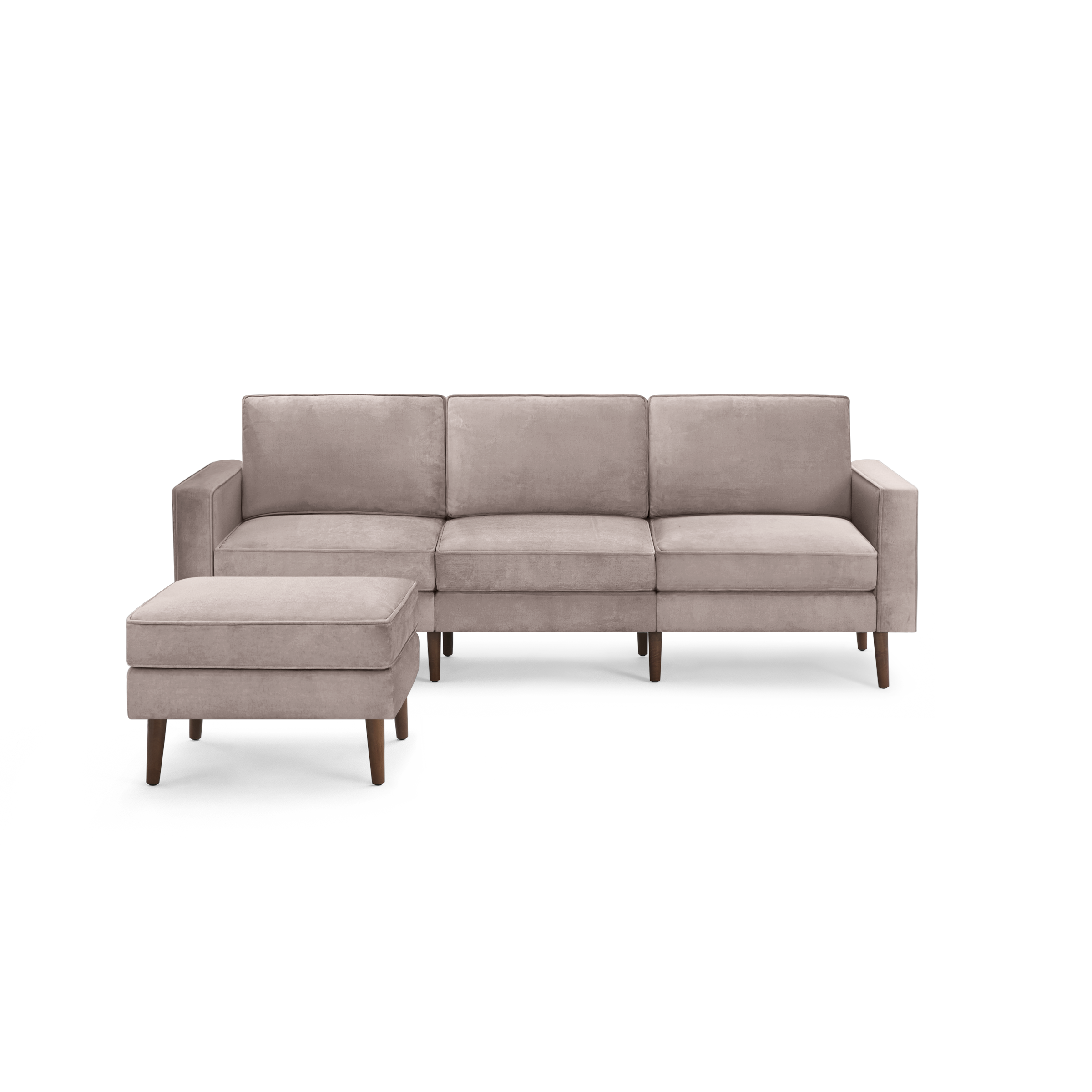 modern beige sectional sofa with wooden legs and a chaise lounge on the right side, featuring a clean, minimalist design