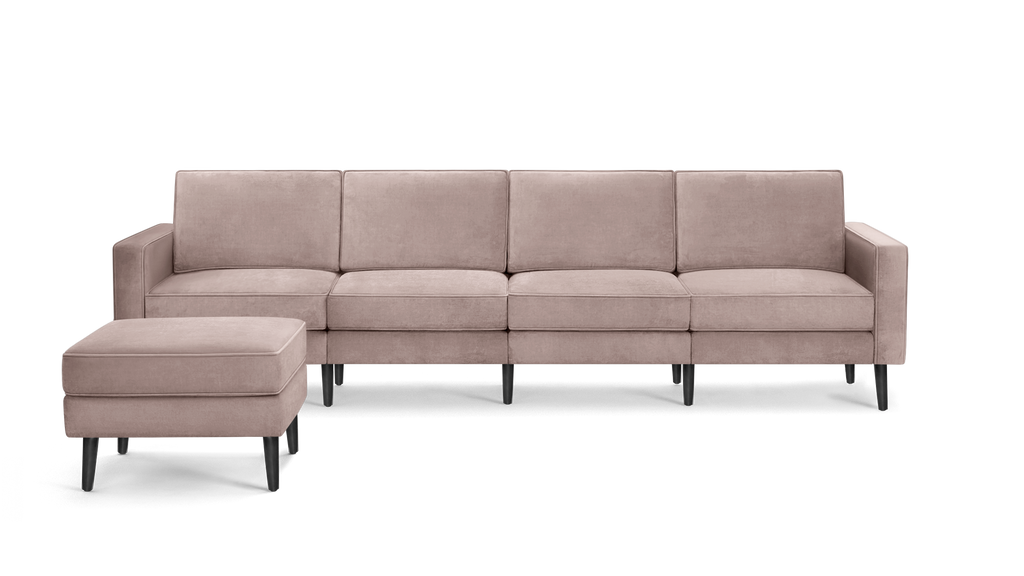 modern beige velvet sectional sofa with sleek black metal legs and clean lines on the back, featuring a matching ottoman and matching ottoman