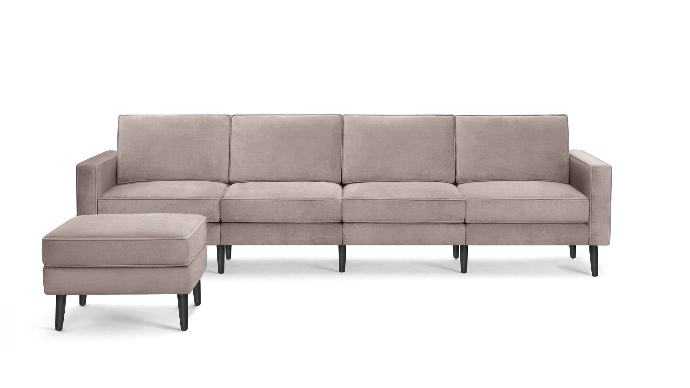 modern beige velvet sectional sofa with sleek black metal legs and clean lines on the back, featuring a matching ottoman and matching ottoman