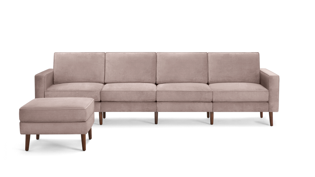 modern beige velvet sectional sofa with matching ottoman, featuring tapered back cushions, and wooden tapered legs, featuring a clean, minimalist design