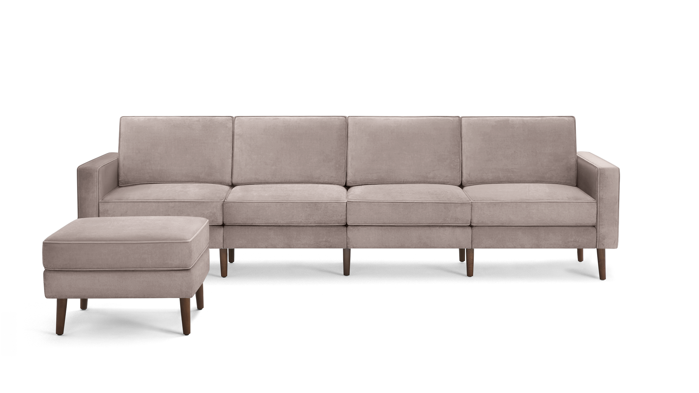 modern beige velvet sectional sofa with matching ottoman, featuring tapered back cushions, and wooden tapered legs, featuring a clean, minimalist design