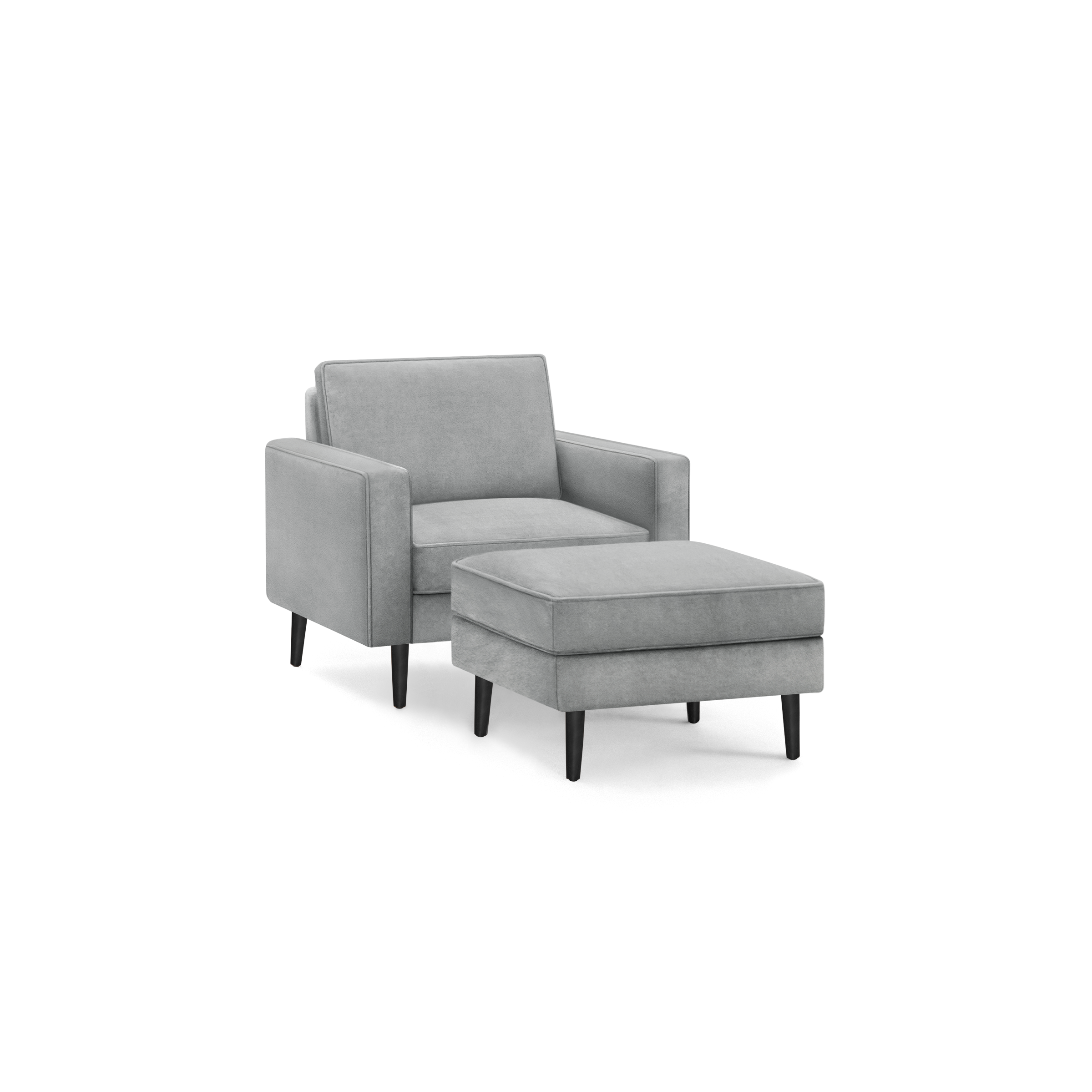 modern gray upholstered armchair with matching ottoman, featuring a sleek black metal frame, and tapered wooden legs