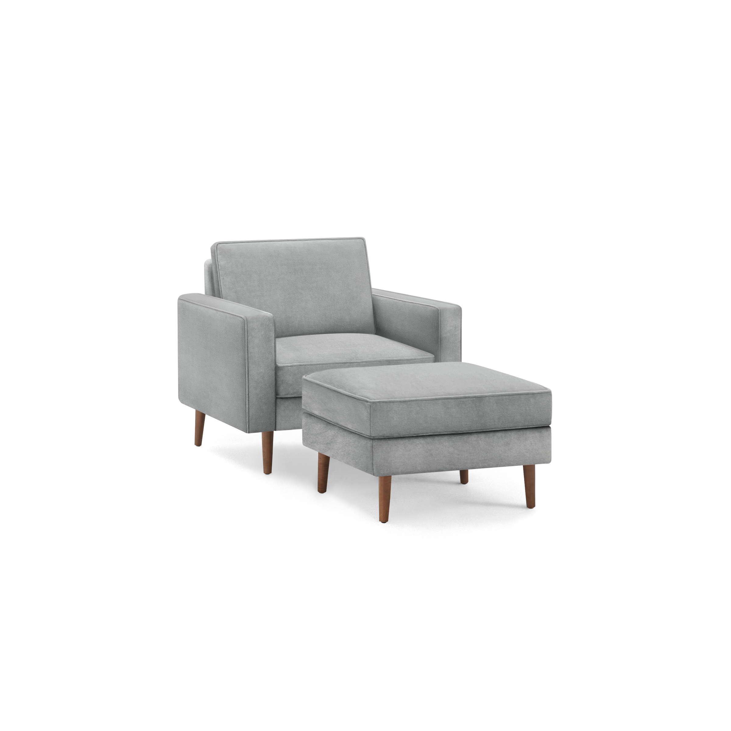 modern light gray upholstered armchair with matching ottoman, featuring tapered wooden legs and a sleek backrest
