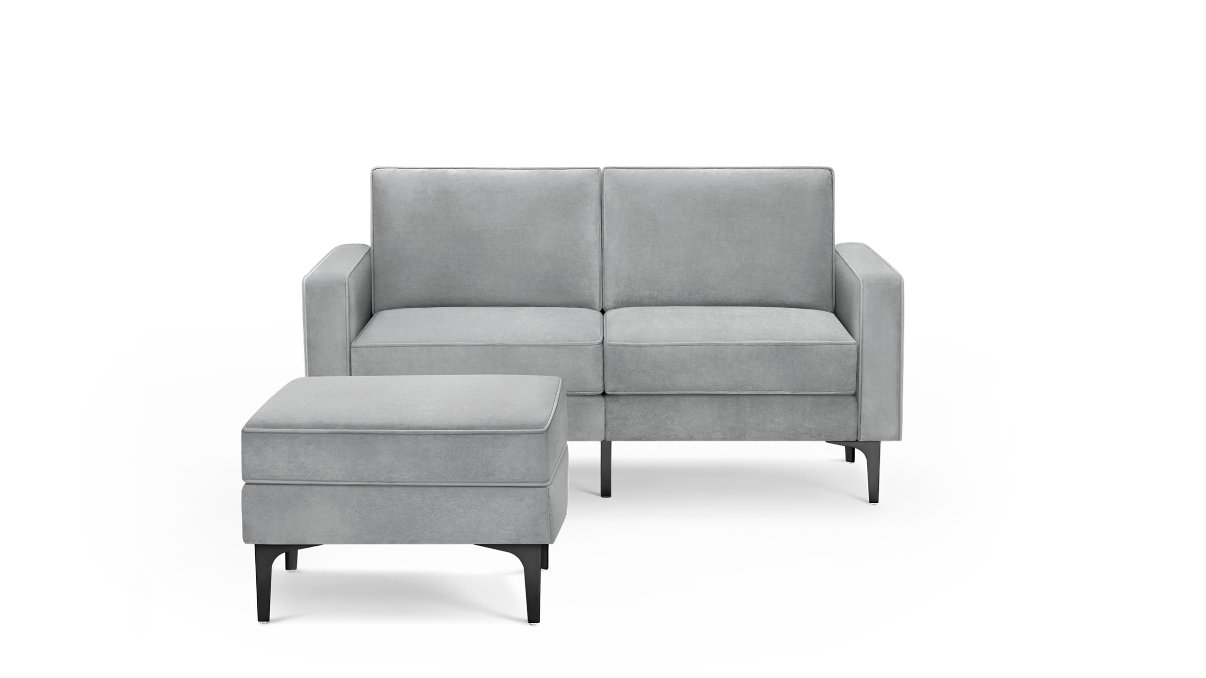 modern gray velvet sofa with matching ottoman and matching ottoman, featuring a sleek, modern design