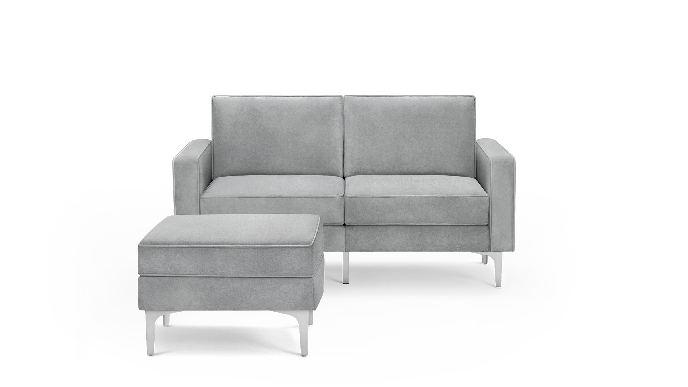 modern gray velvet sofa with matching ottoman and matching ottoman, featuring a sleek design and sleek lines