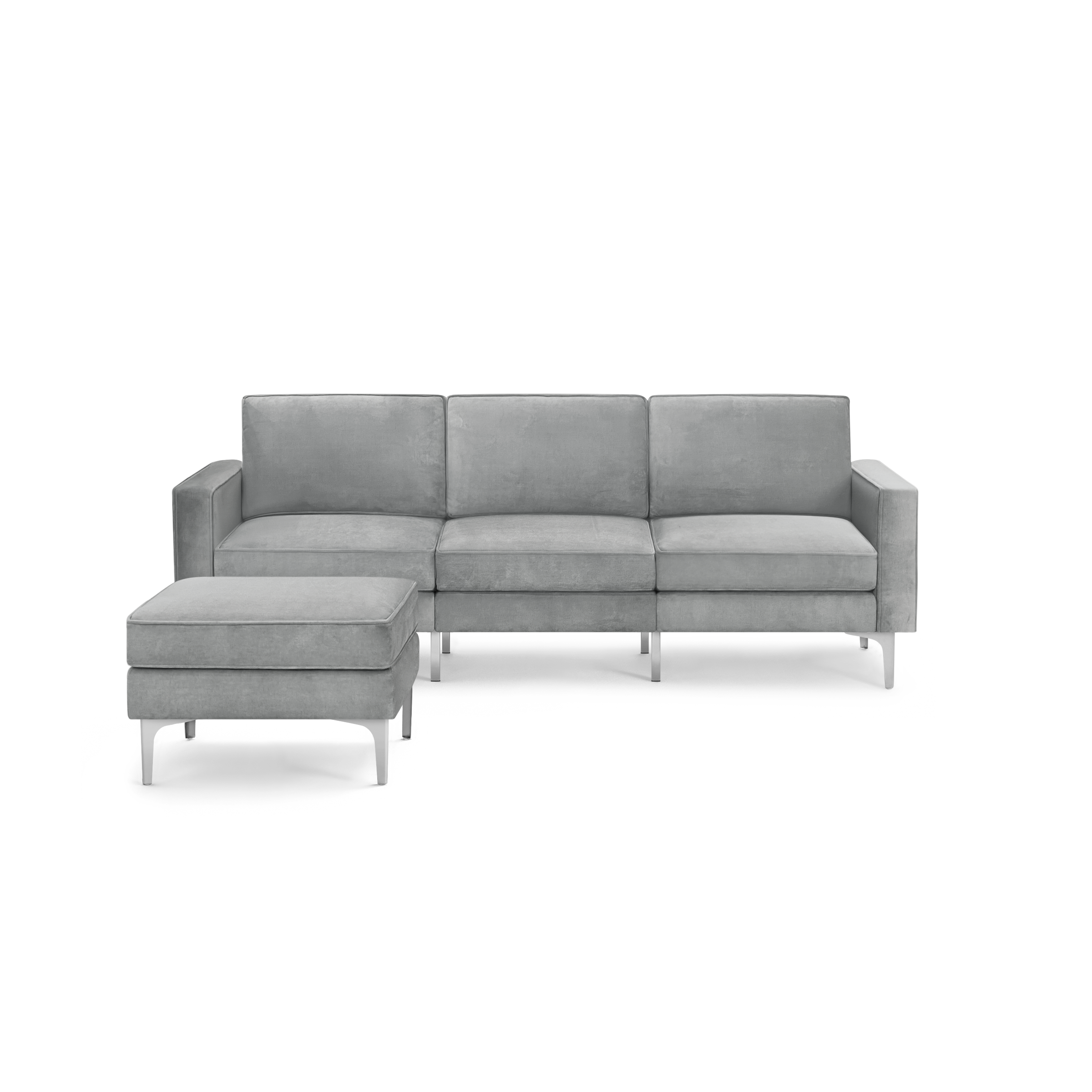 modern gray sectional sofa with metal legs and a chaise lounge on the right side