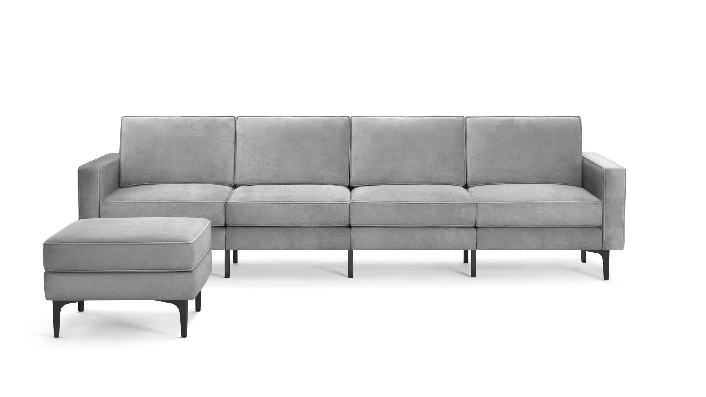 modern light gray velvet sectional sofa with matching ottoman, featuring sleek black metal legs and sleek modern design