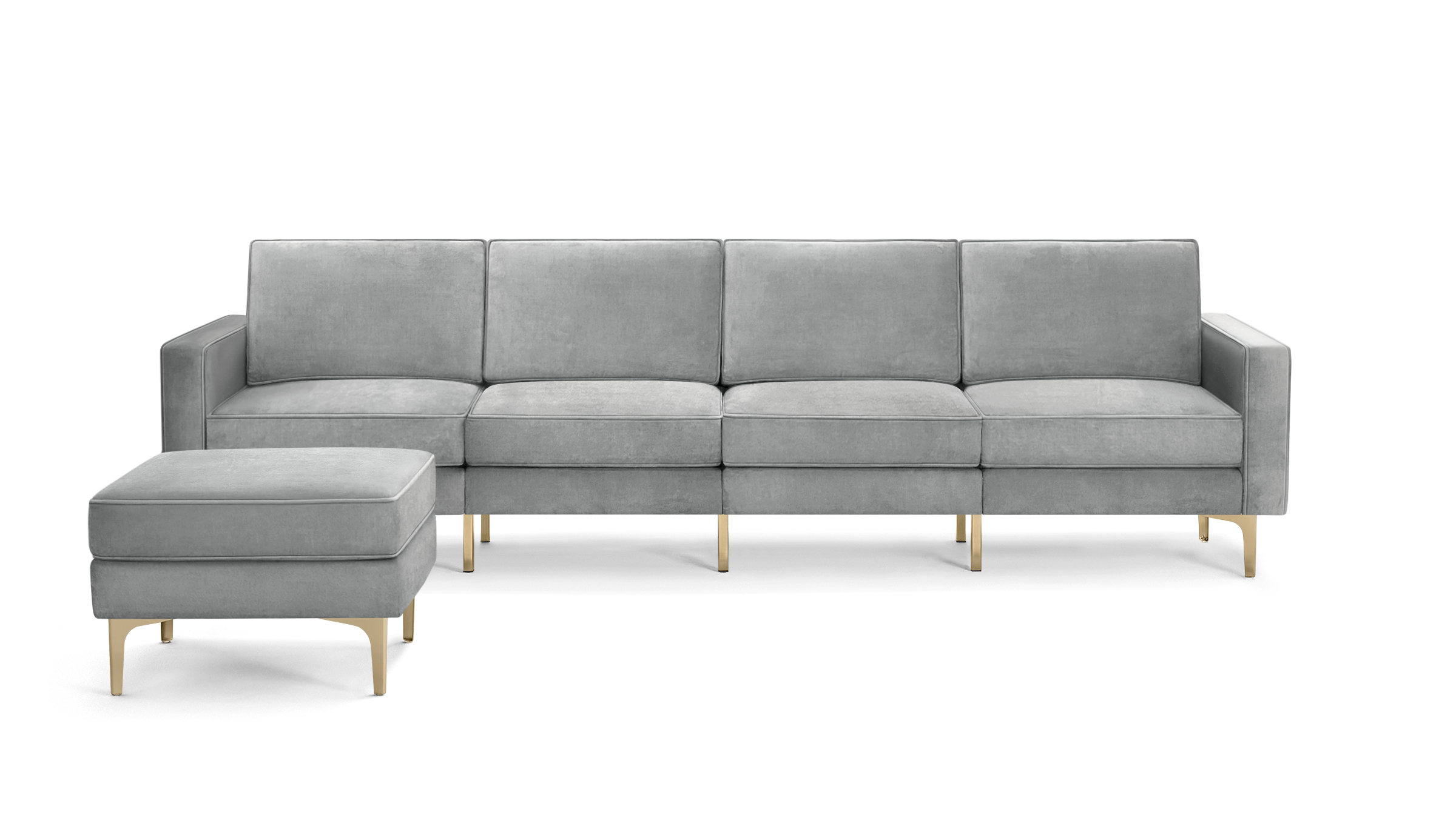 modern light gray velvet sectional sofa with matching ottoman, featuring a sleek metal frame and sleek lines on the back, along with a gold metal