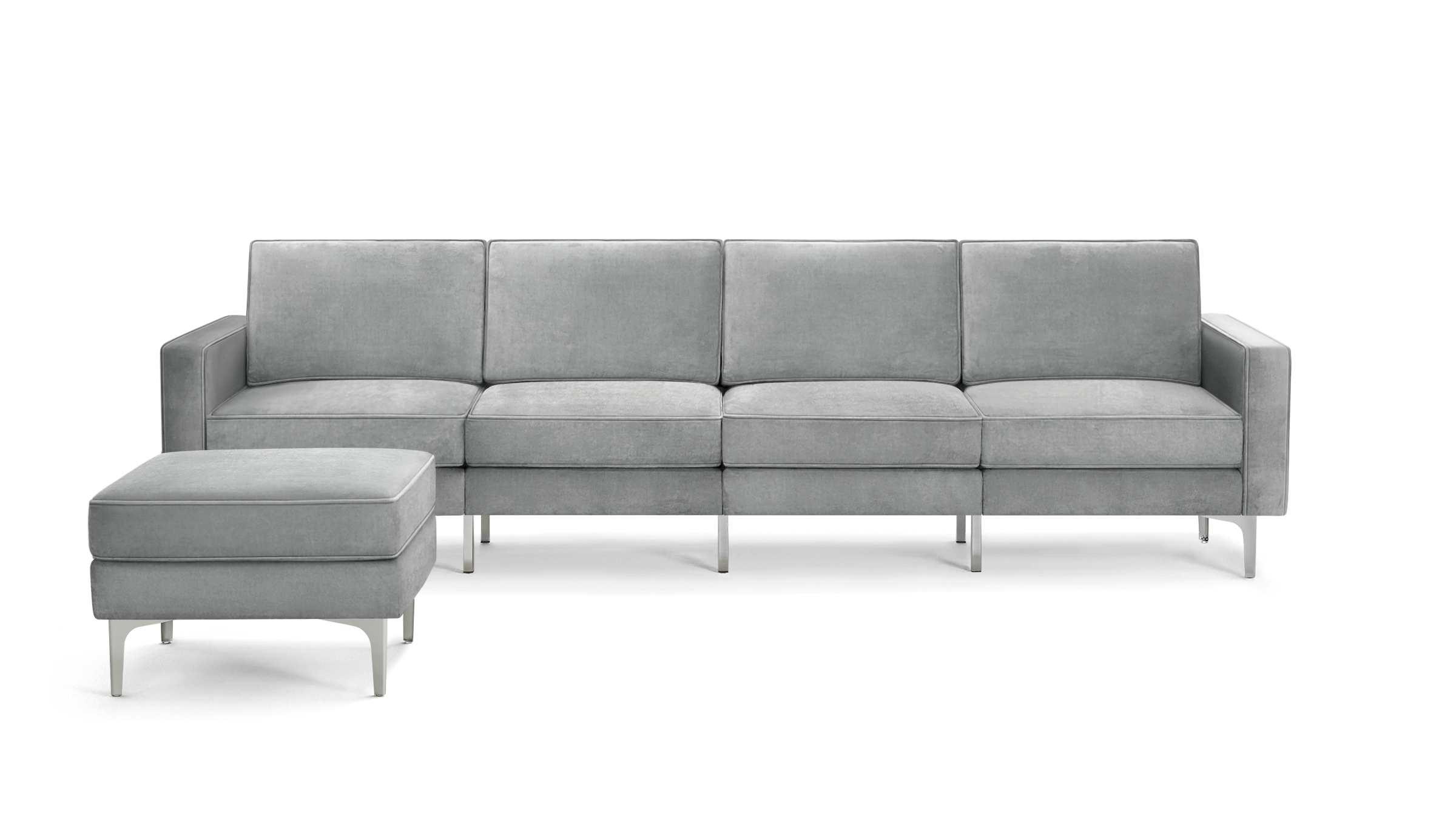 modern gray velvet sectional sofa with matching ottoman, featuring sleek metal legs and sleek design on the back, featuring a sleek design
