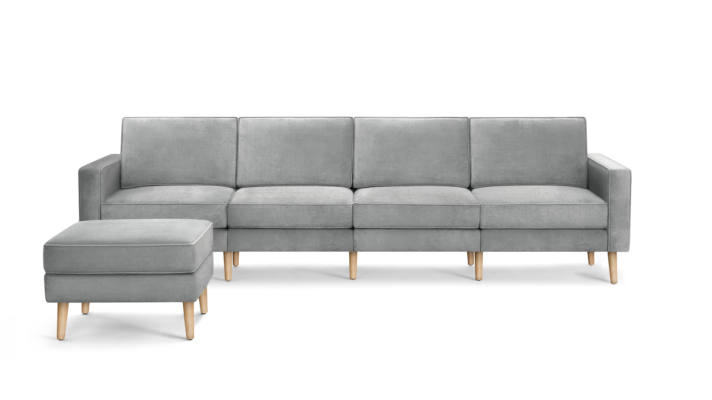 modern light gray velvet sectional sofa with wooden legs and matching ottoman, featuring clean lines and clean lines on the back
