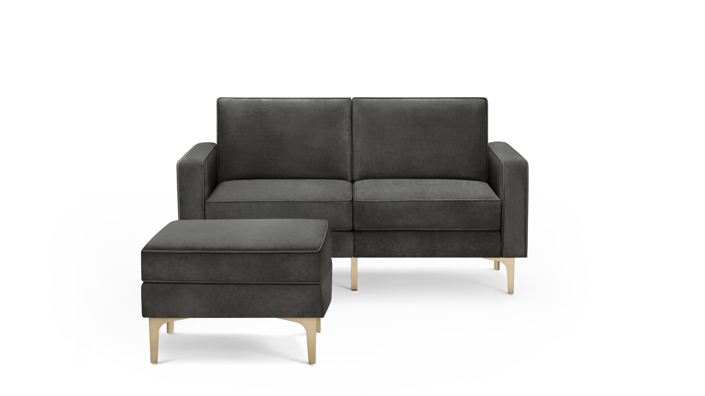 modern dark gray velvet sectional sofa with matching ottoman, featuring tapered wooden legs and a sleek design