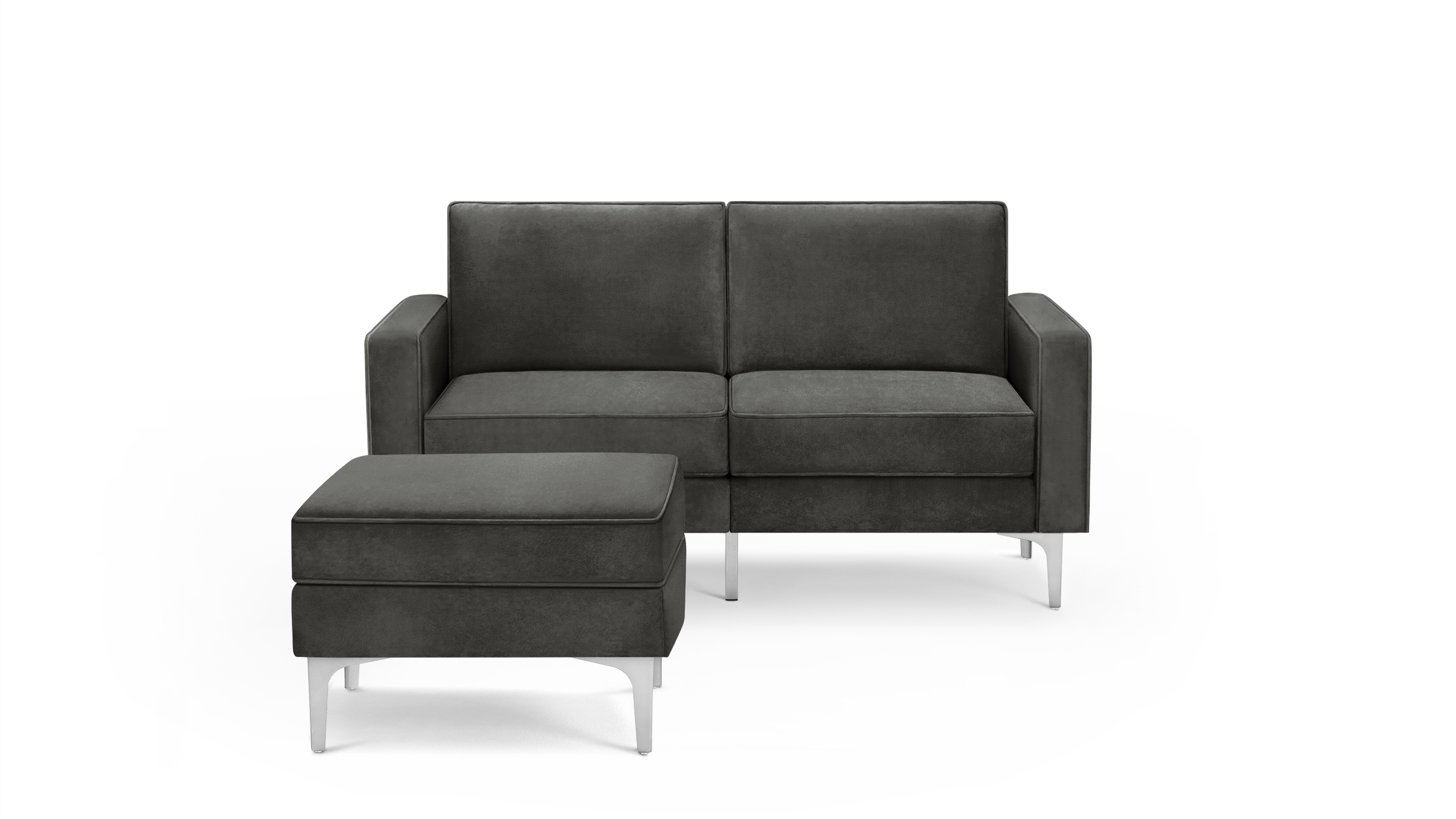modern dark gray velvet sectional sofa with matching ottoman, featuring sleek metal legs and sleek design