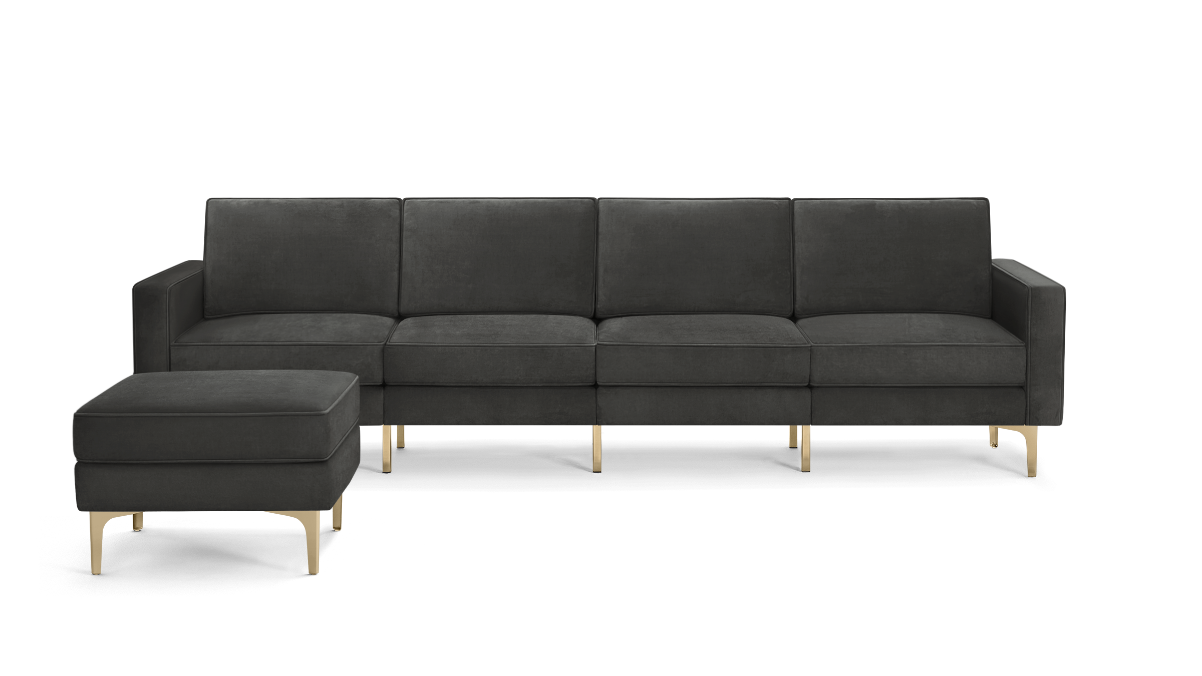 modern dark gray velvet sectional sofa with gold legs and matching ottoman, featuring clean lines and clean lines on the back
