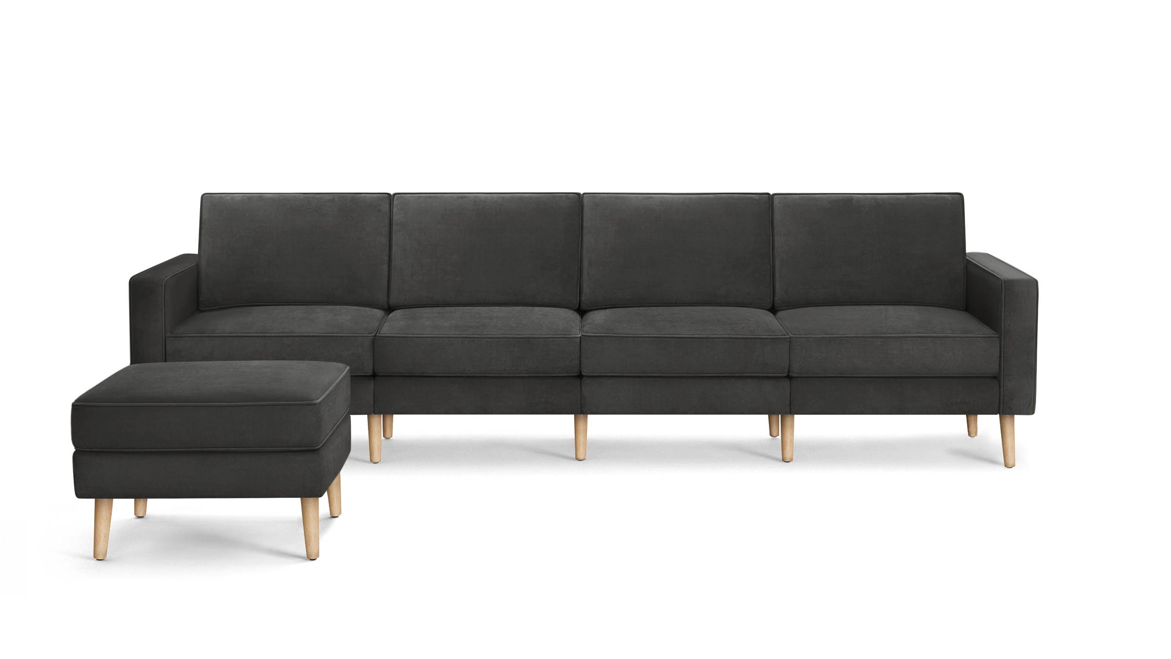 modern dark gray velvet sectional sofa with wooden legs and matching ottoman, featuring clean lines and clean lines on the back