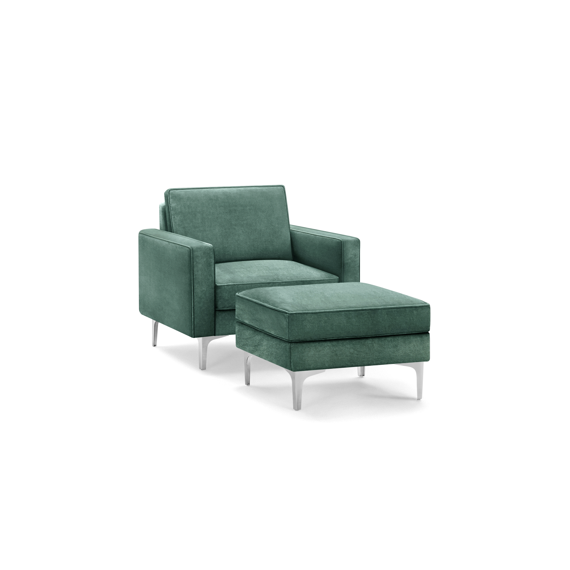 Modern green upholstered armchair with matching ottoman, both featuring sleek metal legs and clean lines.