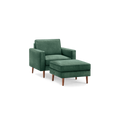 modern green upholstered armchair with matching ottoman, featuring tapered wooden legs and a sleek backrest