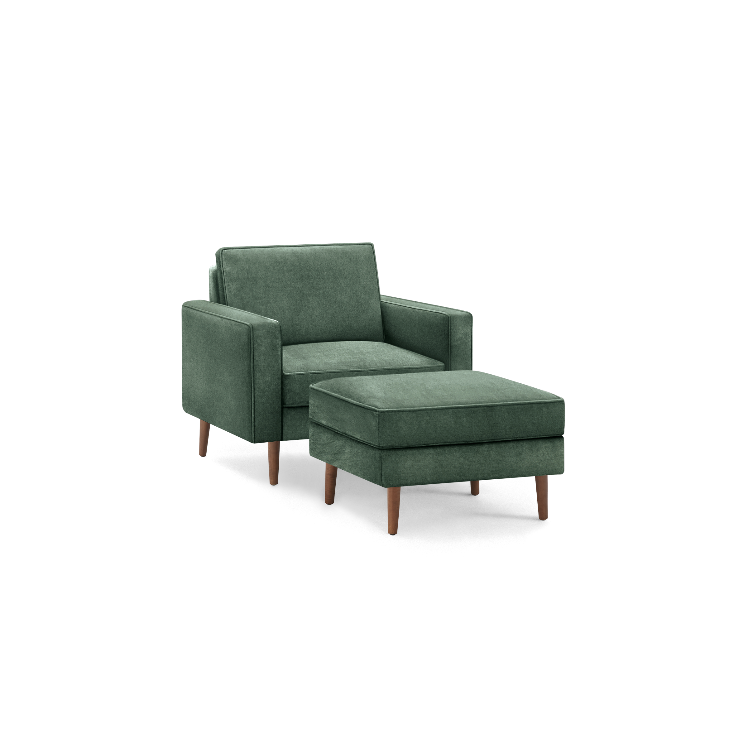modern green upholstered armchair with matching ottoman, featuring tapered wooden legs and a sleek backrest