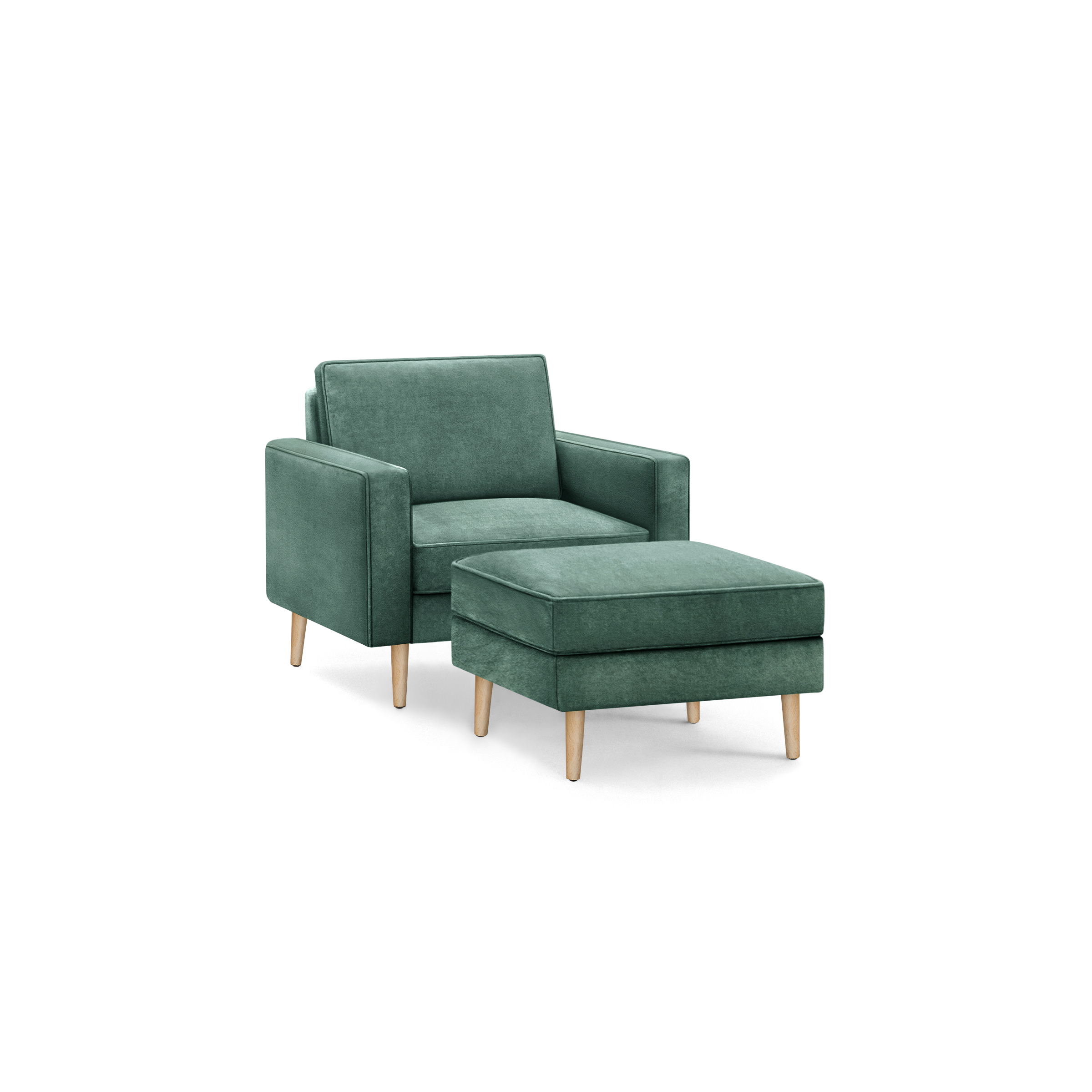 Modern teal armchair with matching upholstered ottoman, both featuring wooden tapered legs and clean, square armrests.