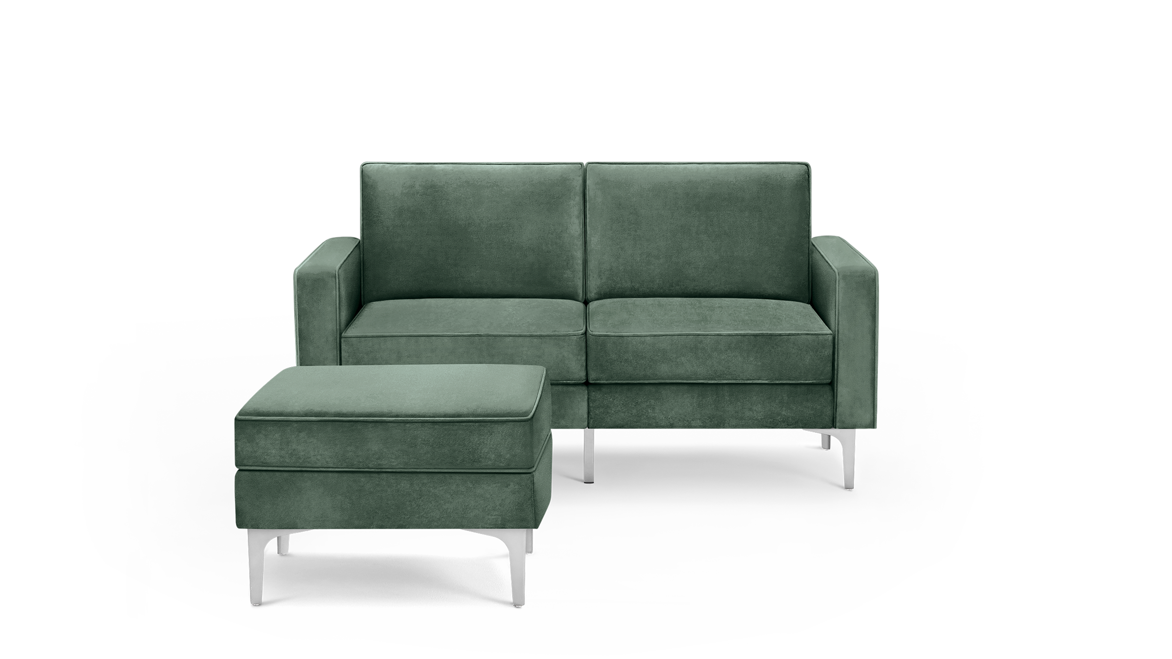 modern green velvet sofa with matching ottoman and matching ottoman, featuring a sleek metal frame and sleek metal legs