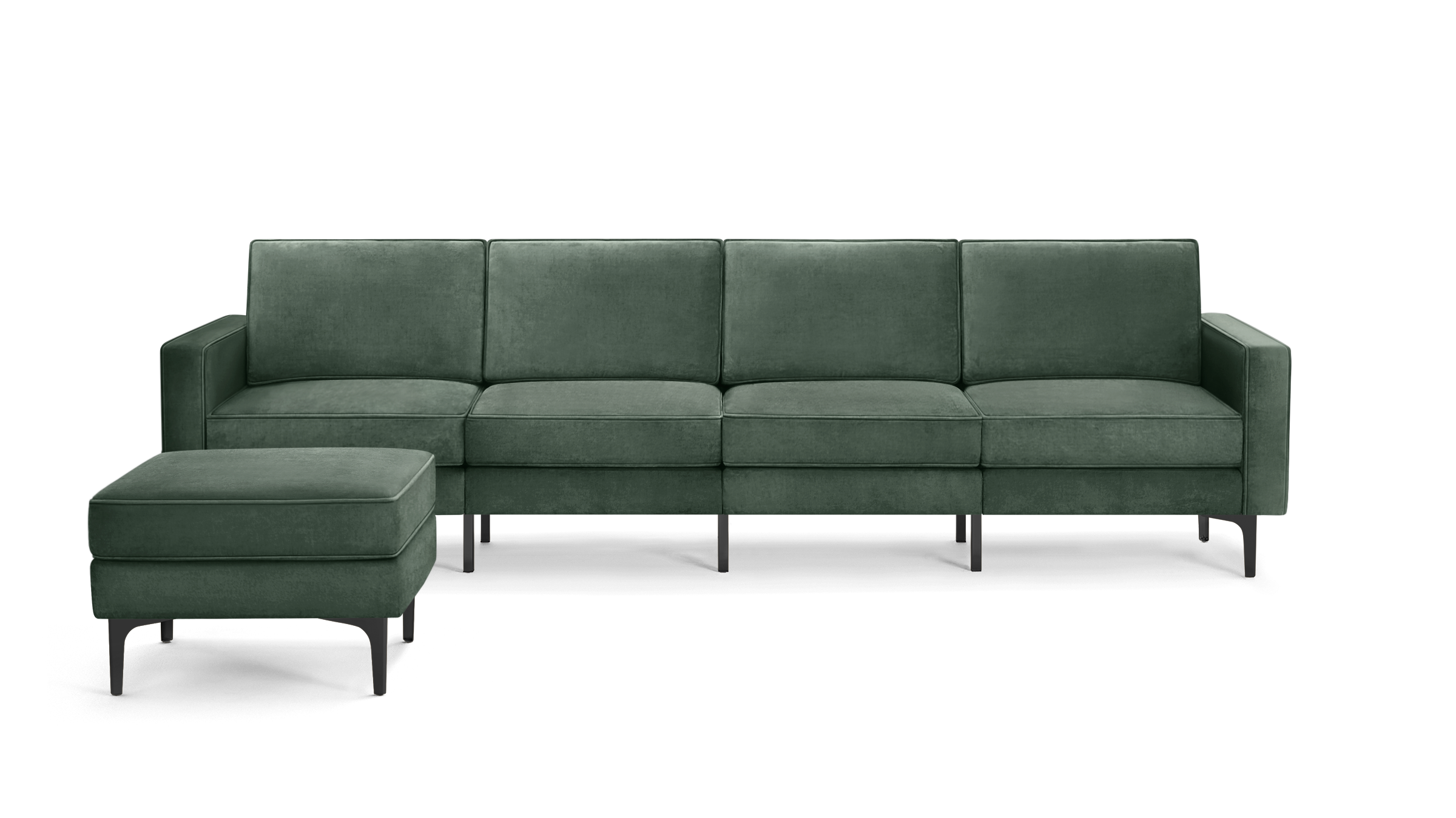 modern green velvet sectional sofa with tufted back cushions and black metal legs, featuring a matching ottoman and matching ottoman