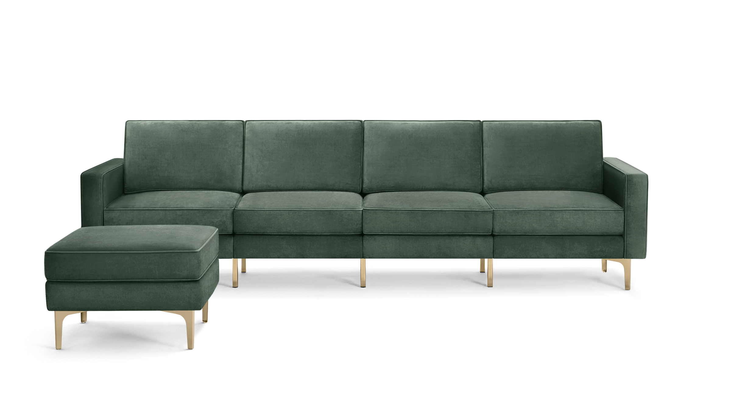 modern green velvet sectional sofa with gold legs and matching ottoman, featuring clean lines and clean lines on the back