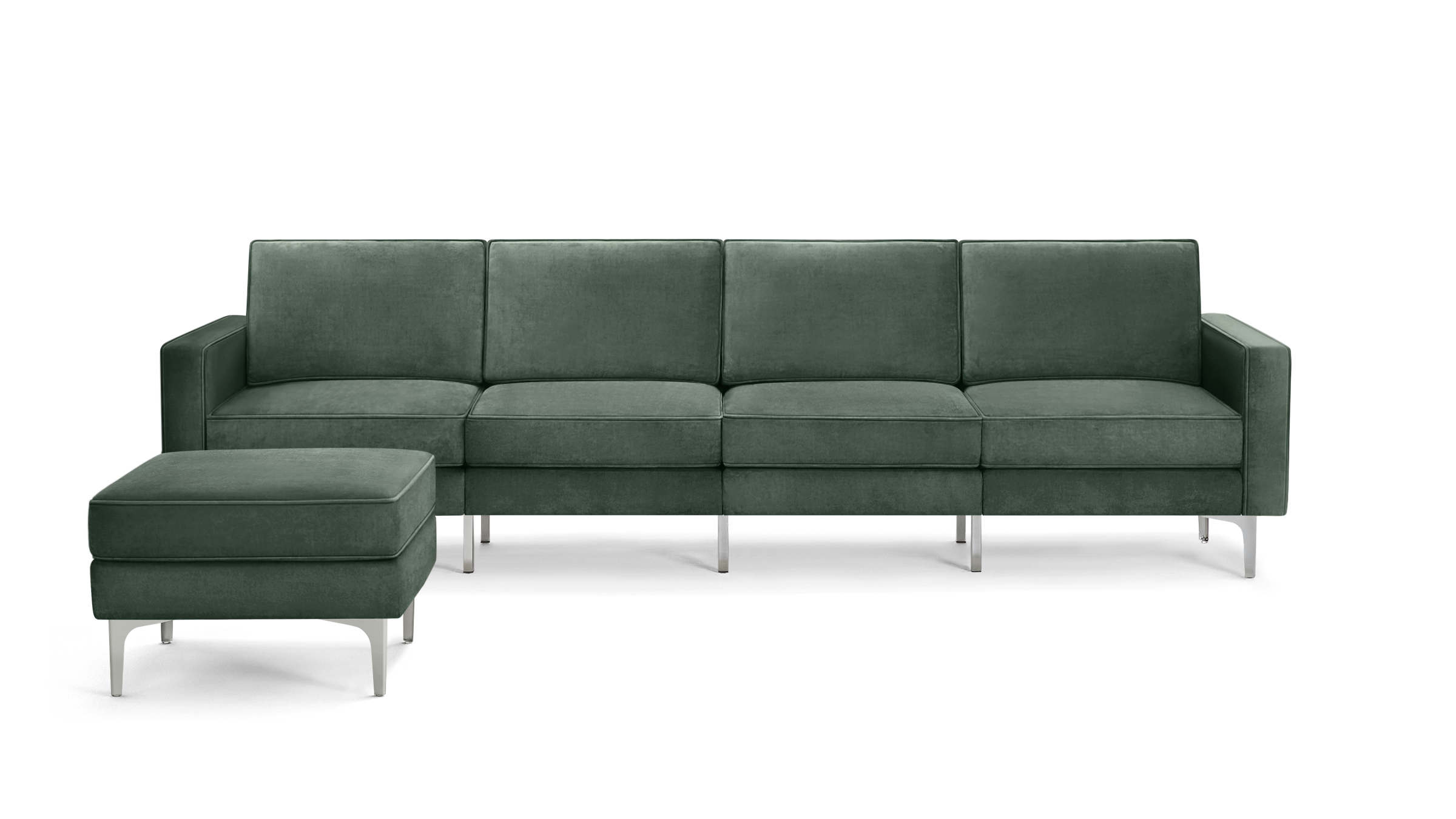 modern green velvet sectional sofa with chrome legs and matching ottoman, featuring clean lines and clean lines on the back