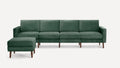 Dark green velvet sectional sofa with clean lines and wooden legs, accompanied by a matching ottoman.