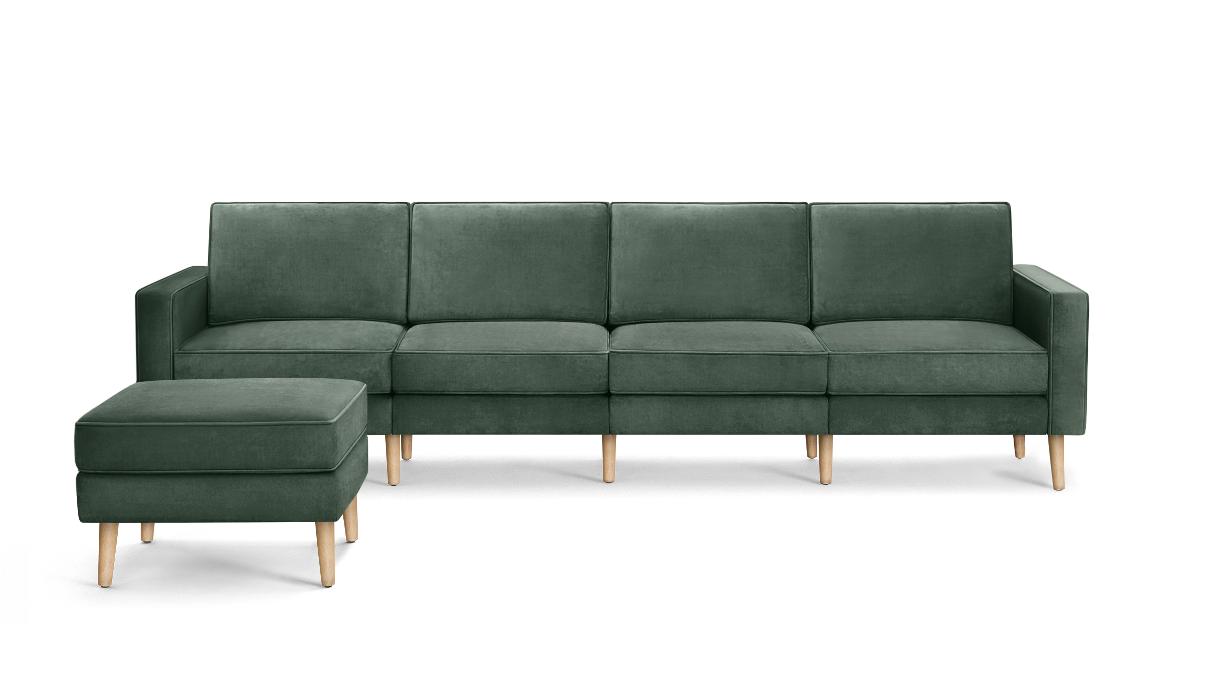 modern green velvet sectional sofa with wooden legs and matching ottoman, featuring clean lines and clean lines on the back